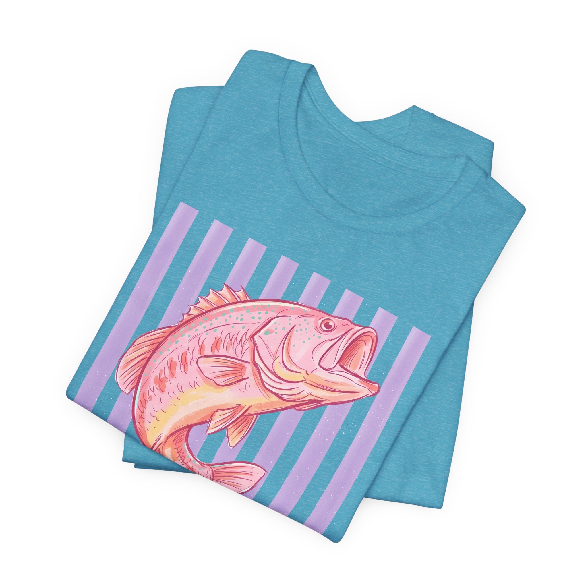 Pink Bass Fish Tee — Retro Striped Fishing T-Shirt