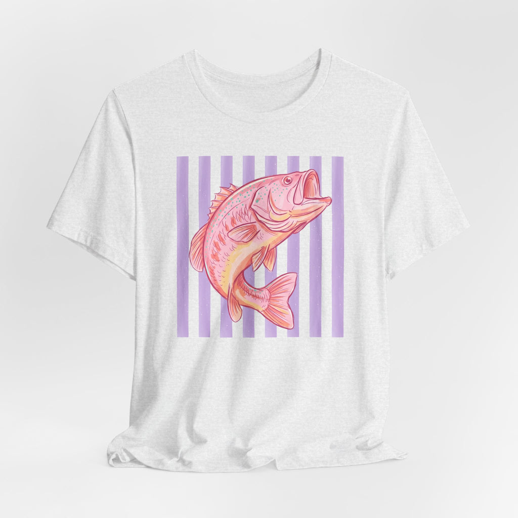 Pink Bass Fish Tee — Retro Striped Fishing T-Shirt