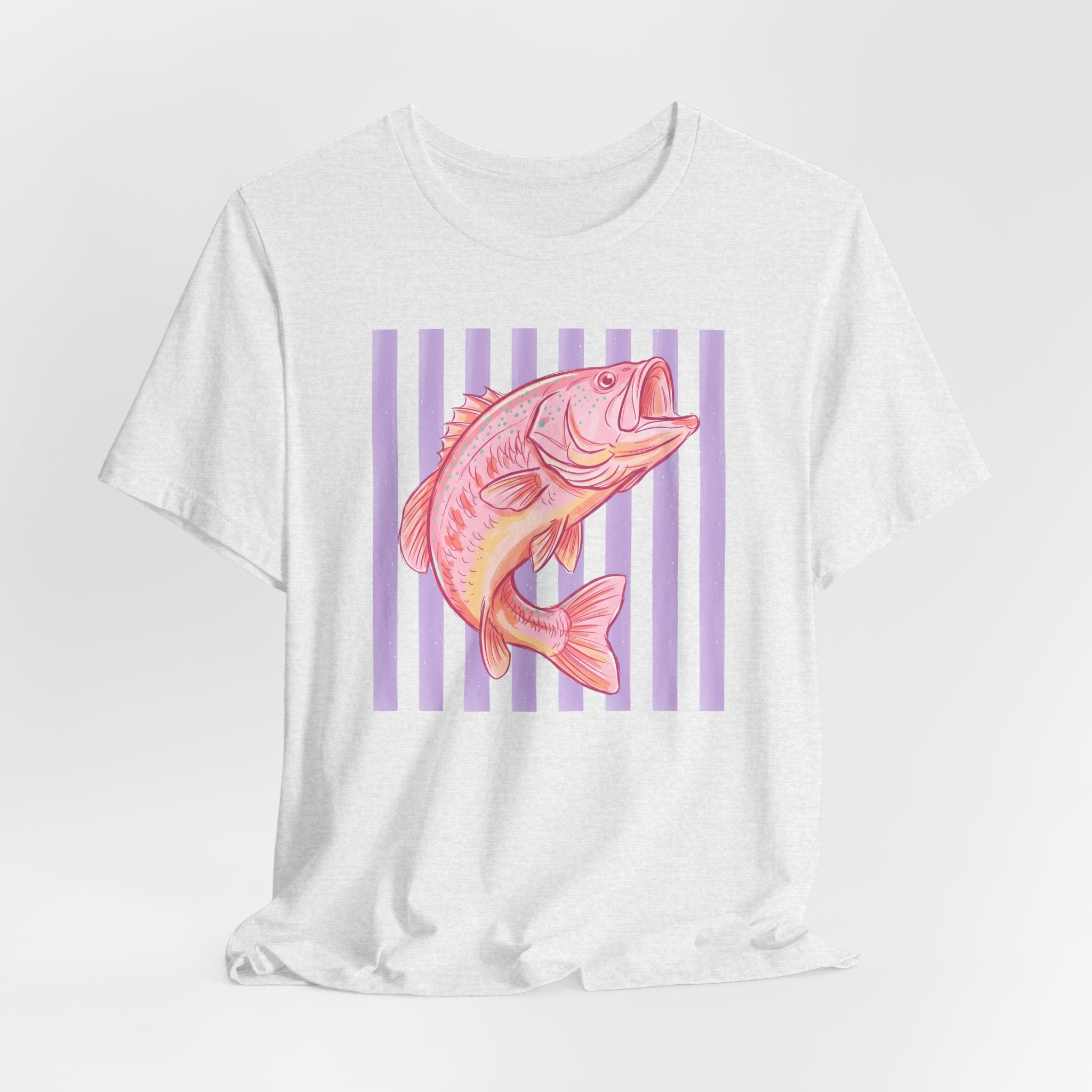 Pink Bass Fish Tee — Retro Striped Fishing T-Shirt