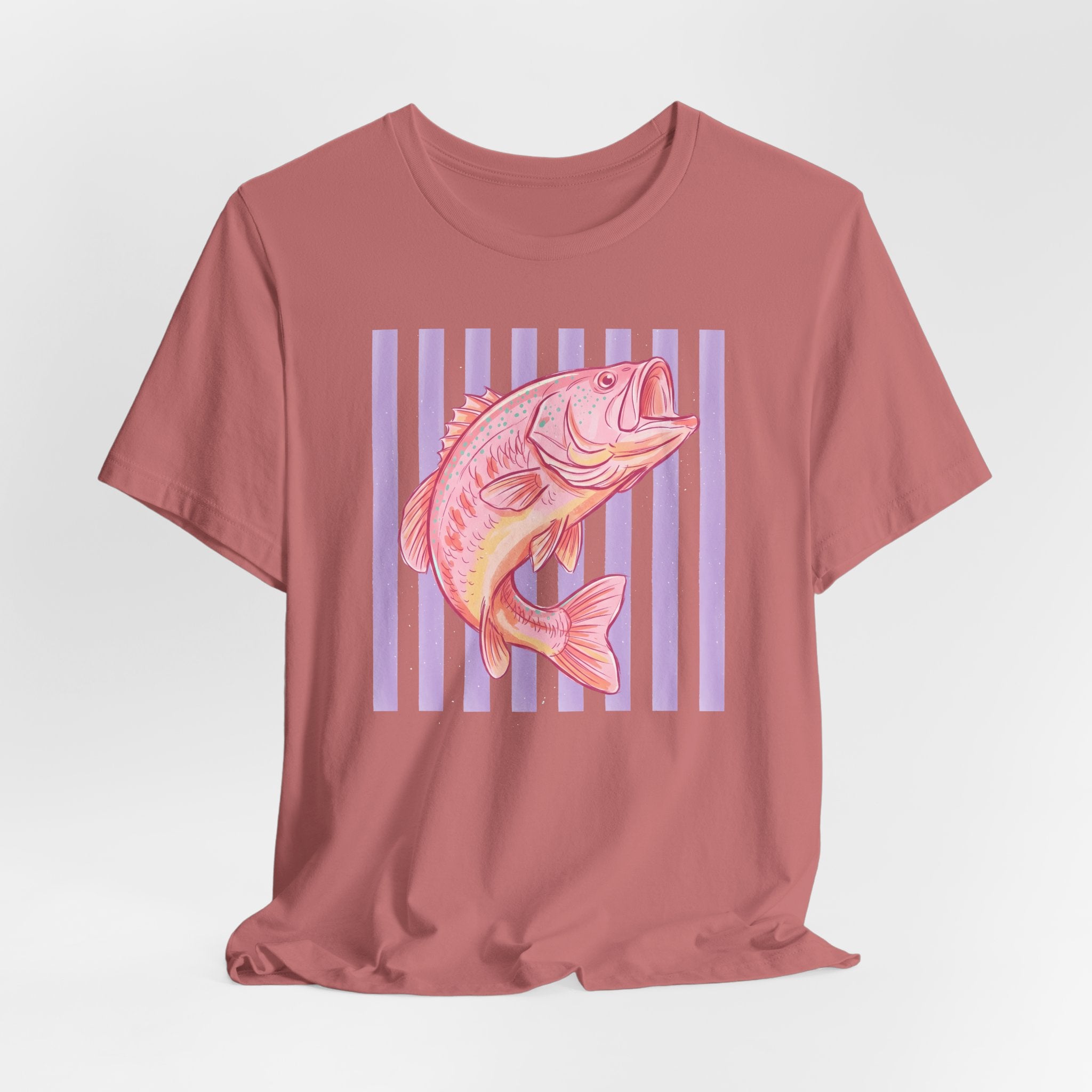 Pink Bass Fish Tee — Retro Striped Fishing T-Shirt