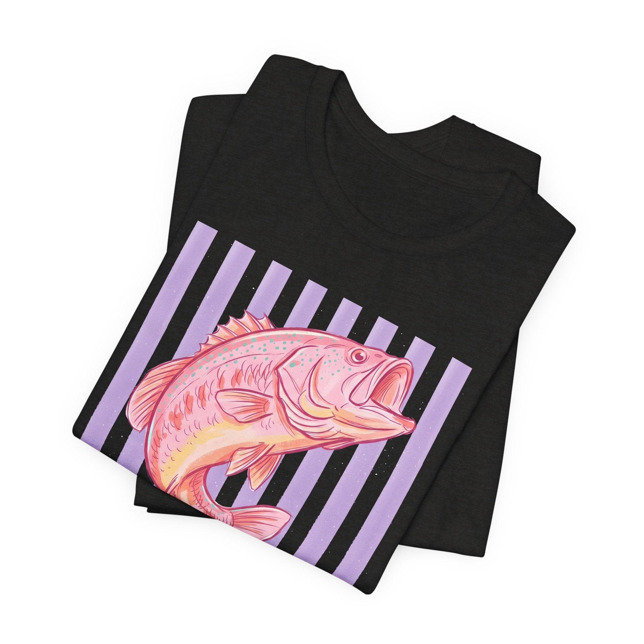 Pink Bass Fish Tee — Retro Striped Fishing T-Shirt