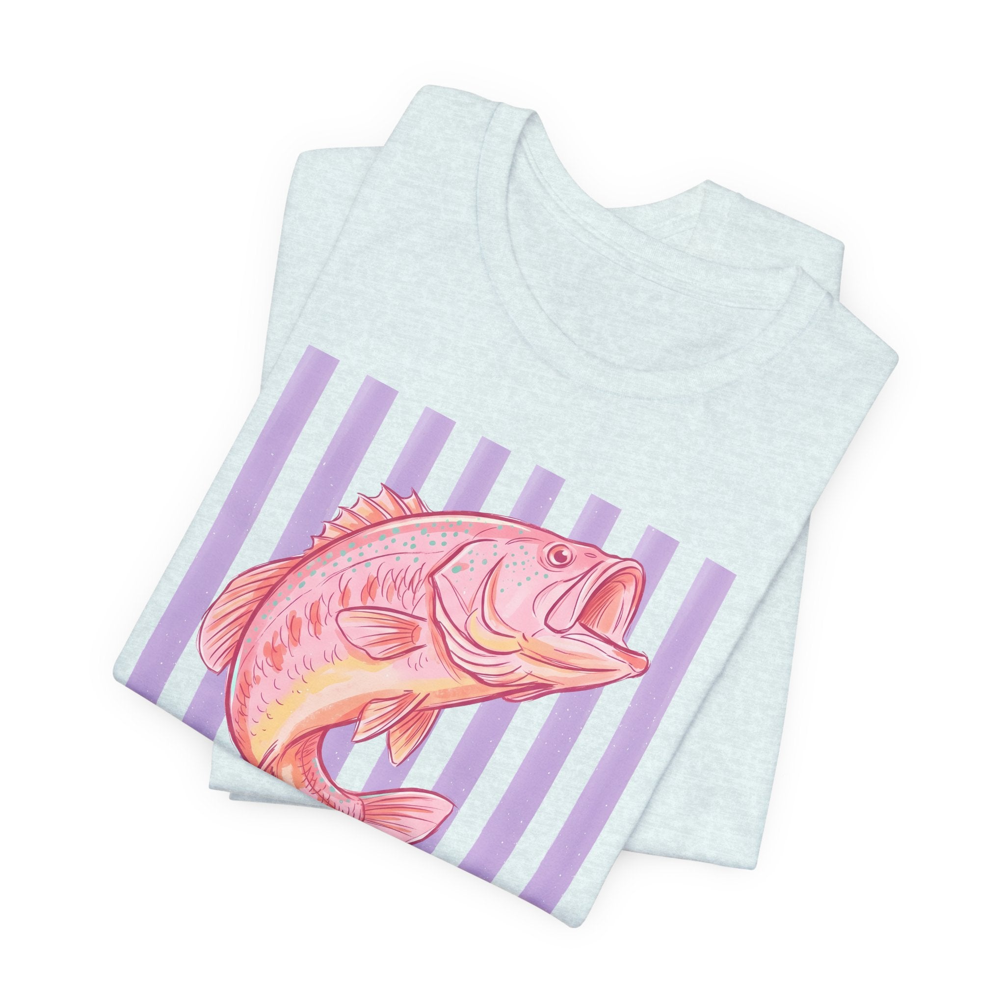 Pink Bass Fish Tee — Retro Striped Fishing T-Shirt