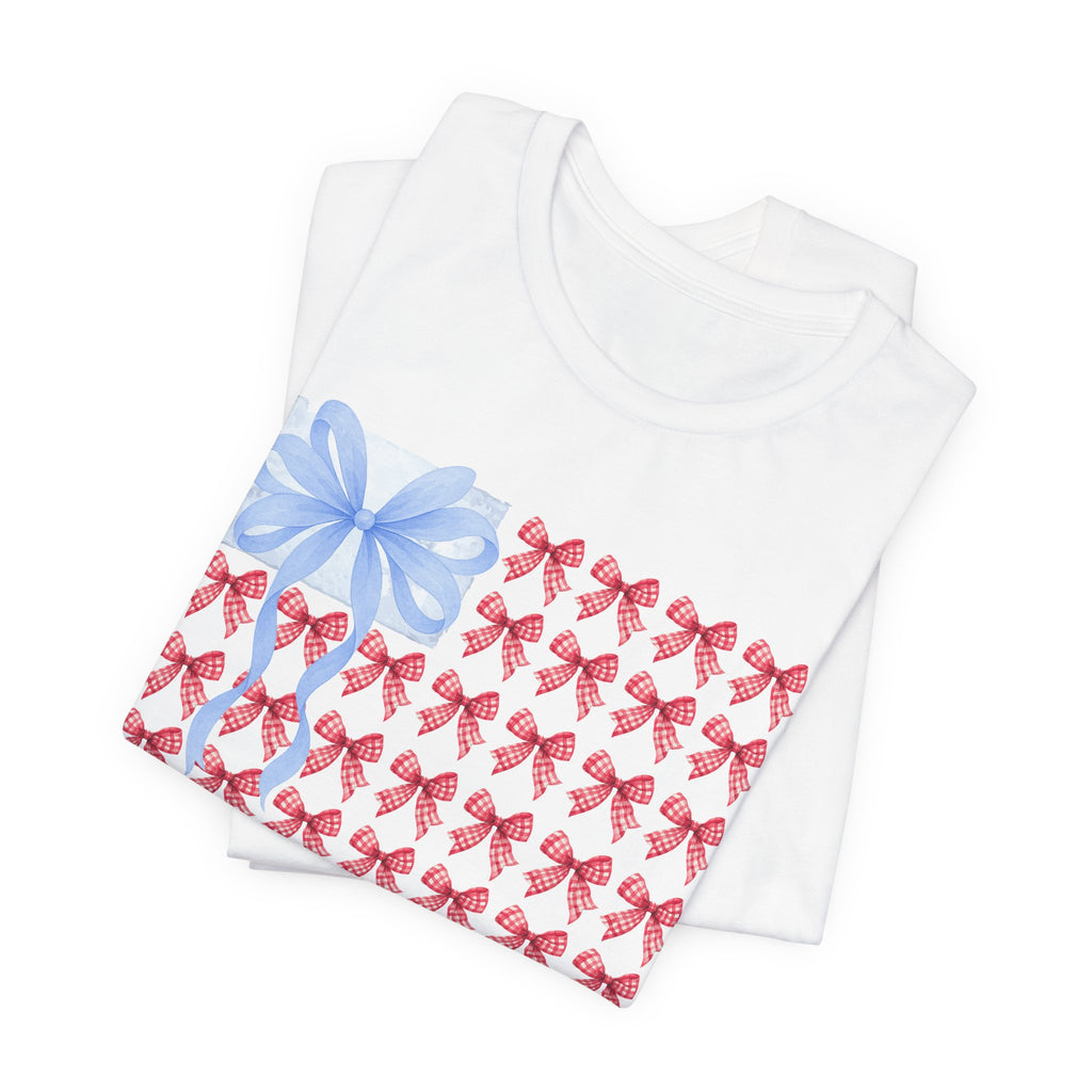 Bow Flag T-Shirt — Blue Gift Bow with Red Ribbon Stars Patriotic Cute Tee