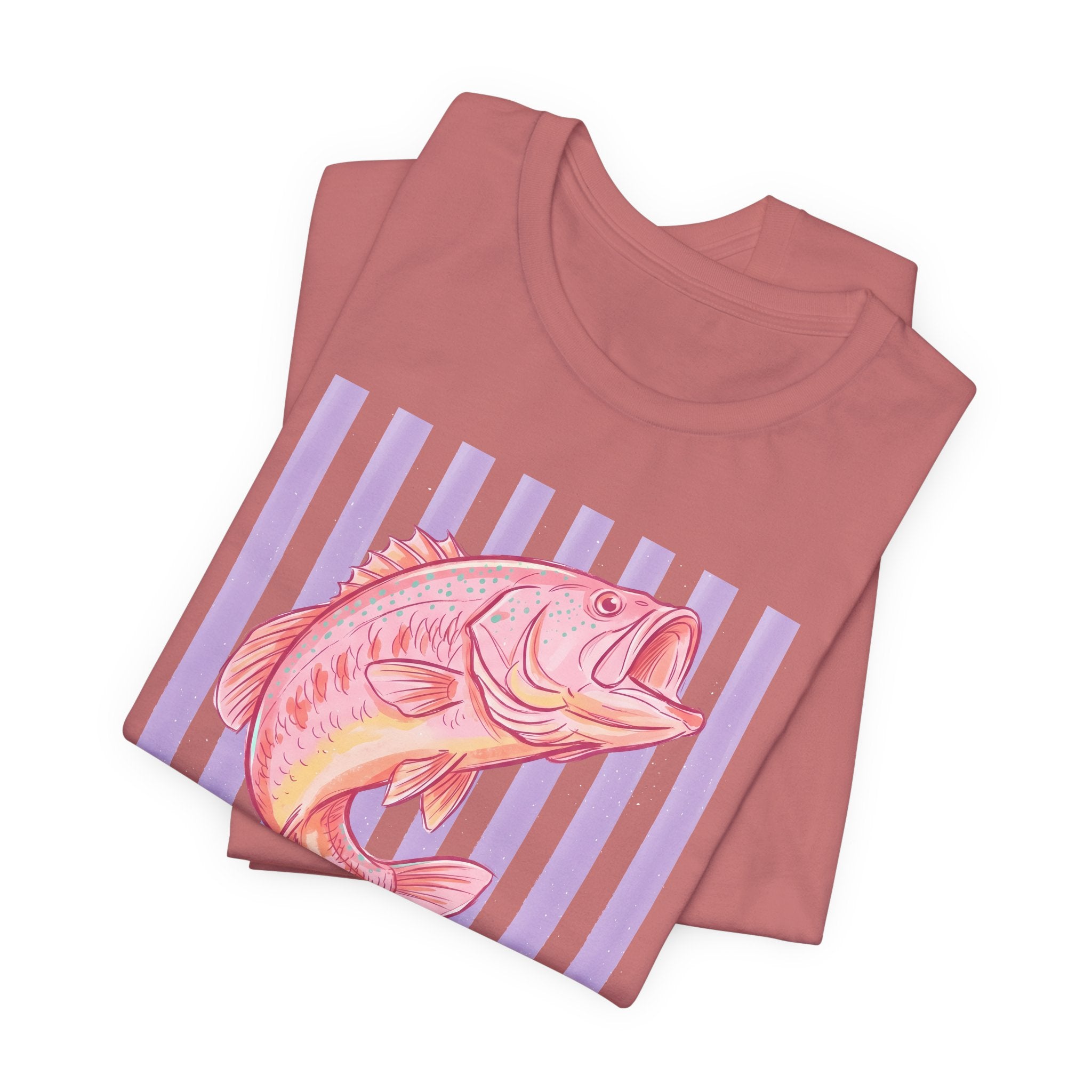 Pink Bass Fish Tee — Retro Striped Fishing T-Shirt