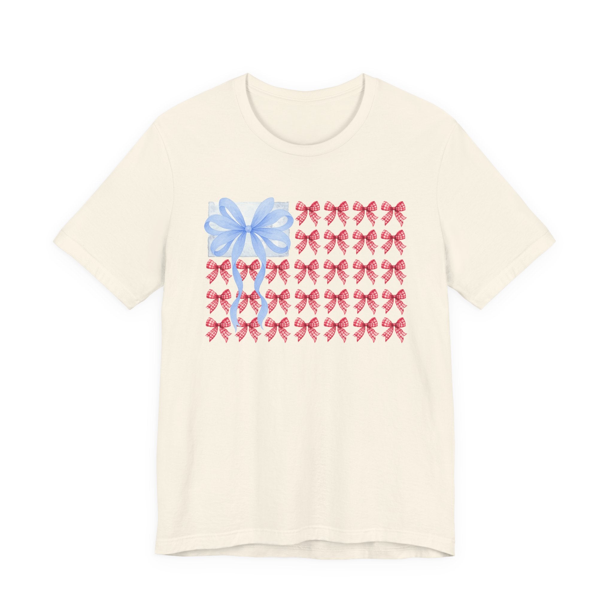 Bow Flag T-Shirt — Blue Gift Bow with Red Ribbon Stars Patriotic Cute Tee