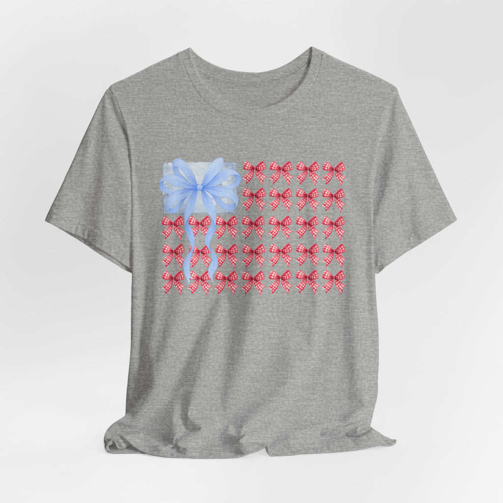Bow Flag T-Shirt — Blue Gift Bow with Red Ribbon Stars Patriotic Cute Tee