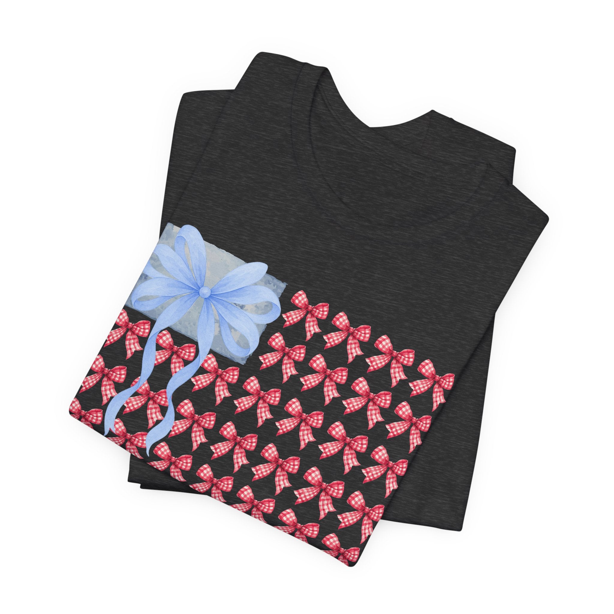 Bow Flag T-Shirt — Blue Gift Bow with Red Ribbon Stars Patriotic Cute Tee
