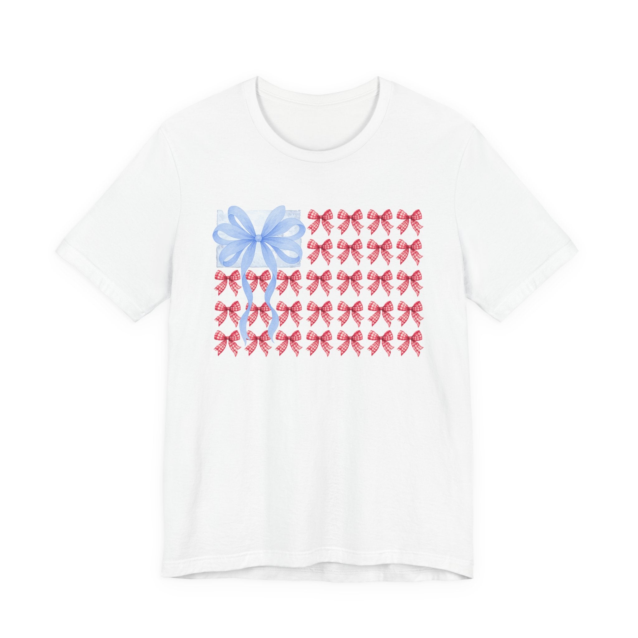 Bow Flag T-Shirt — Blue Gift Bow with Red Ribbon Stars Patriotic Cute Tee