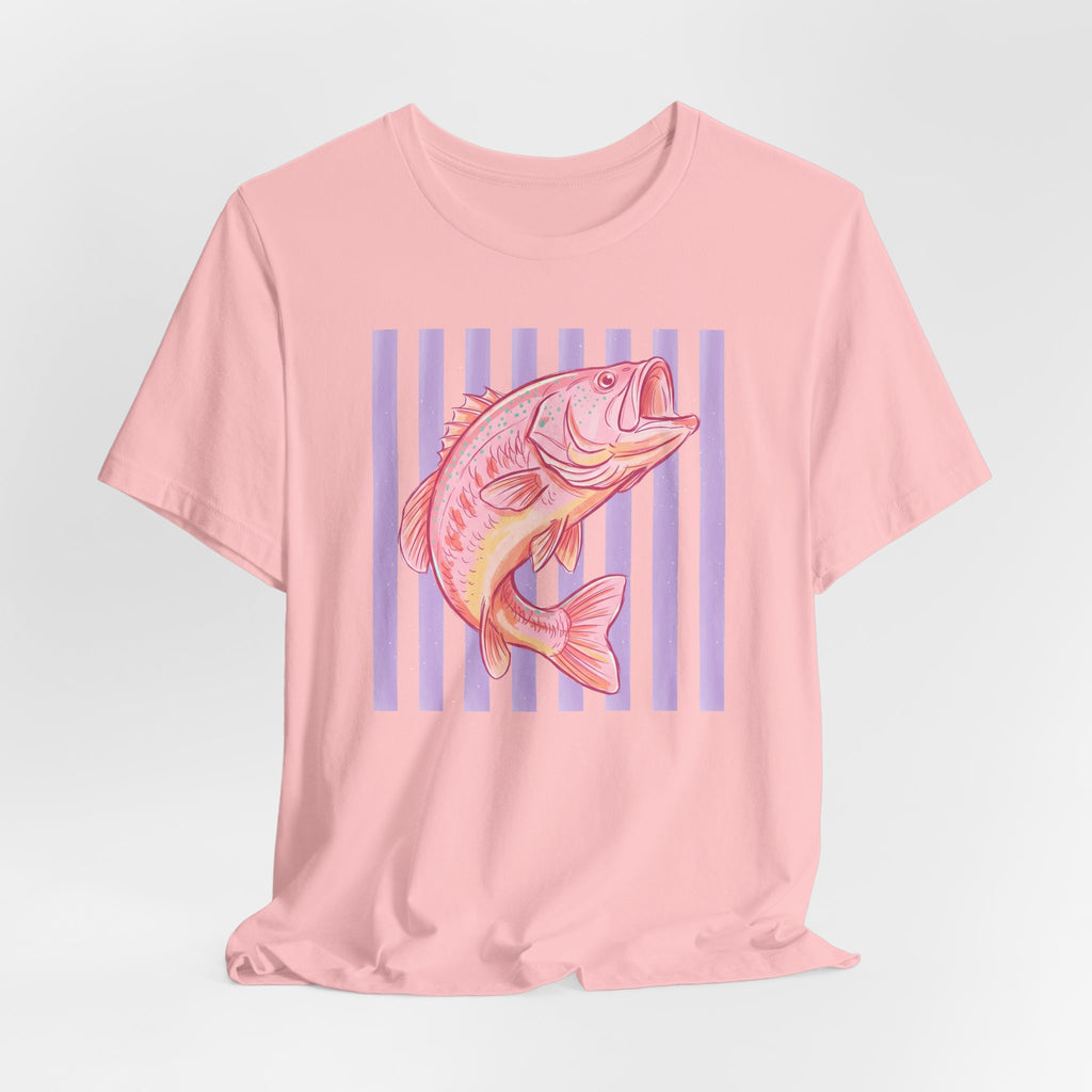 Pink Bass Fish Tee — Retro Striped Fishing T-Shirt