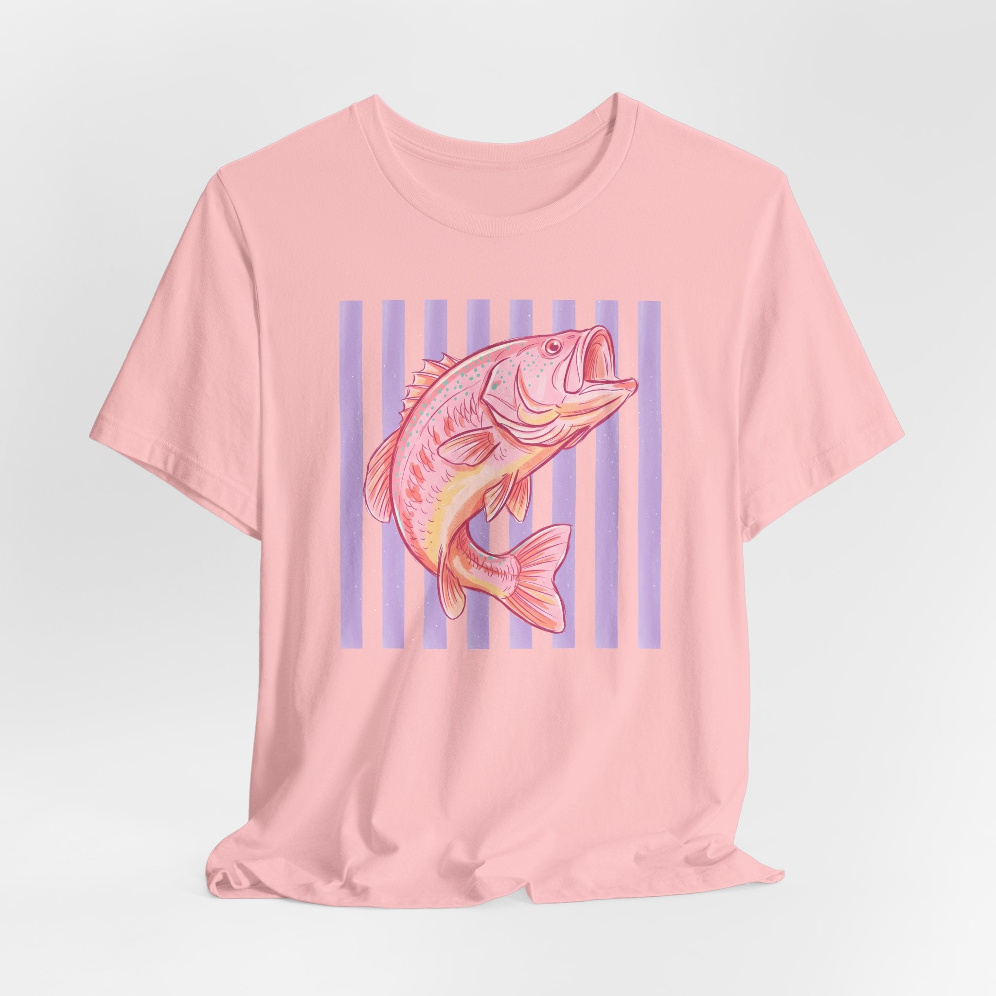 Pink Bass Fish Tee — Retro Striped Fishing T-Shirt