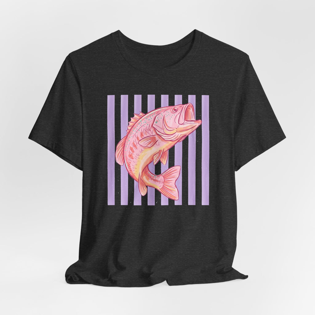 Pink Bass Fish Tee — Retro Striped Fishing T-Shirt