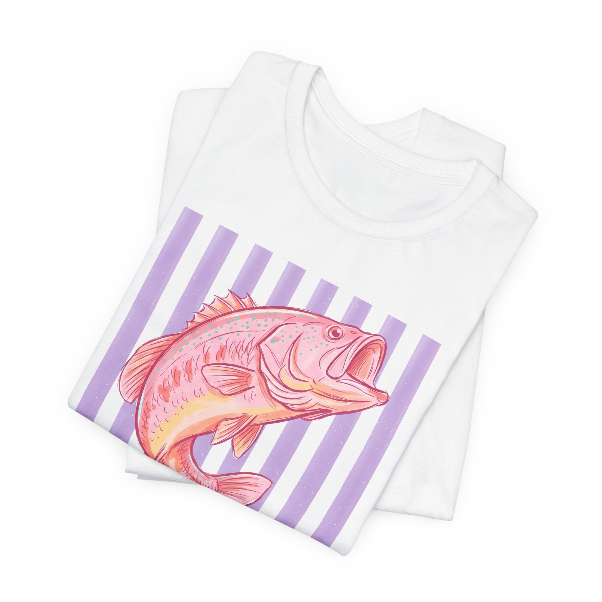 Pink Bass Fish Tee — Retro Striped Fishing T-Shirt