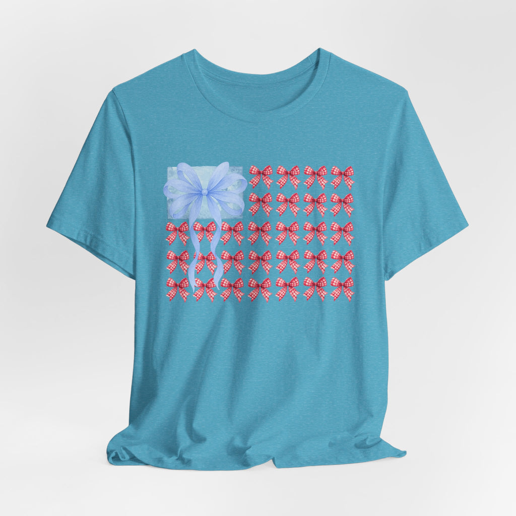 Bow Flag T-Shirt — Blue Gift Bow with Red Ribbon Stars Patriotic Cute Tee