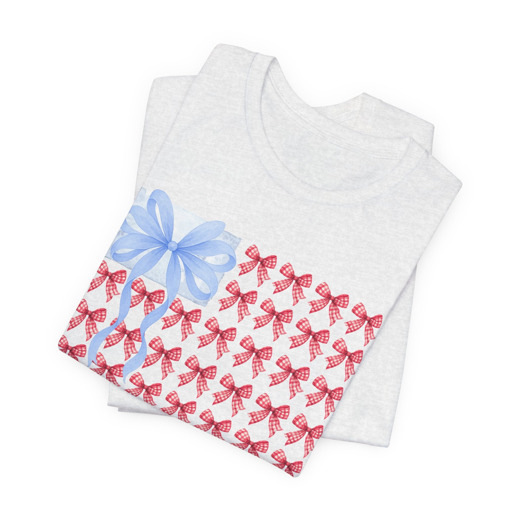 Bow Flag T-Shirt — Blue Gift Bow with Red Ribbon Stars Patriotic Cute Tee