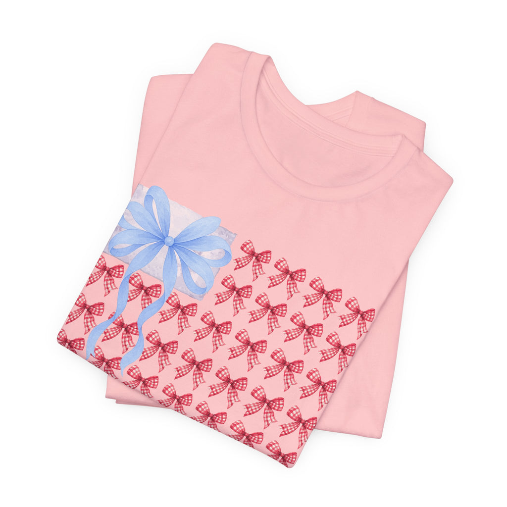 Bow Flag T-Shirt — Blue Gift Bow with Red Ribbon Stars Patriotic Cute Tee