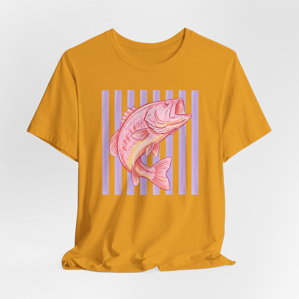 Pink Bass Fish Tee — Retro Striped Fishing T-Shirt