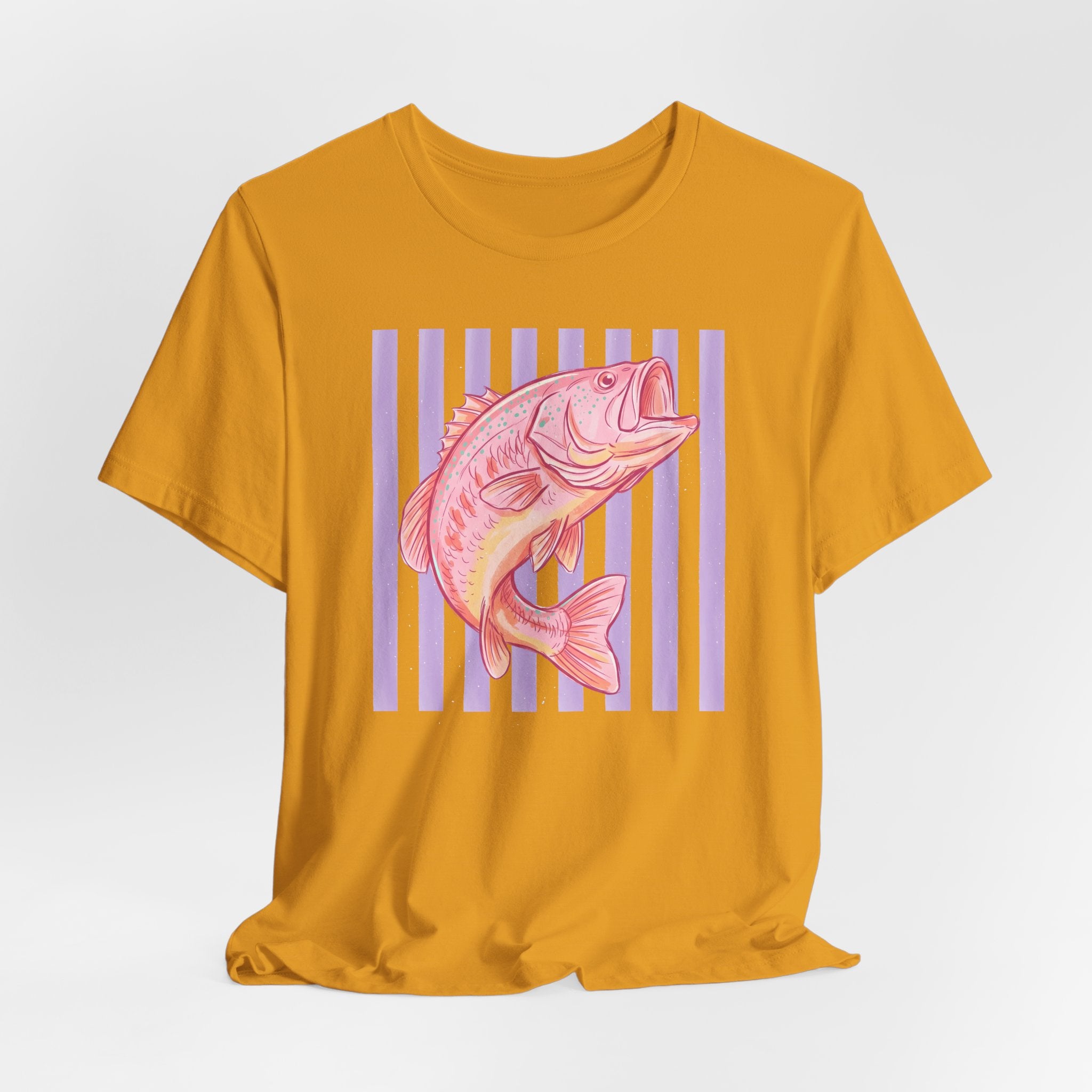 Pink Bass Fish Tee — Retro Striped Fishing T-Shirt
