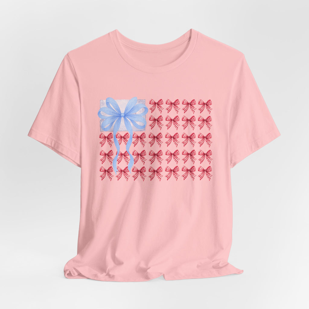 Bow Flag T-Shirt — Blue Gift Bow with Red Ribbon Stars Patriotic Cute Tee