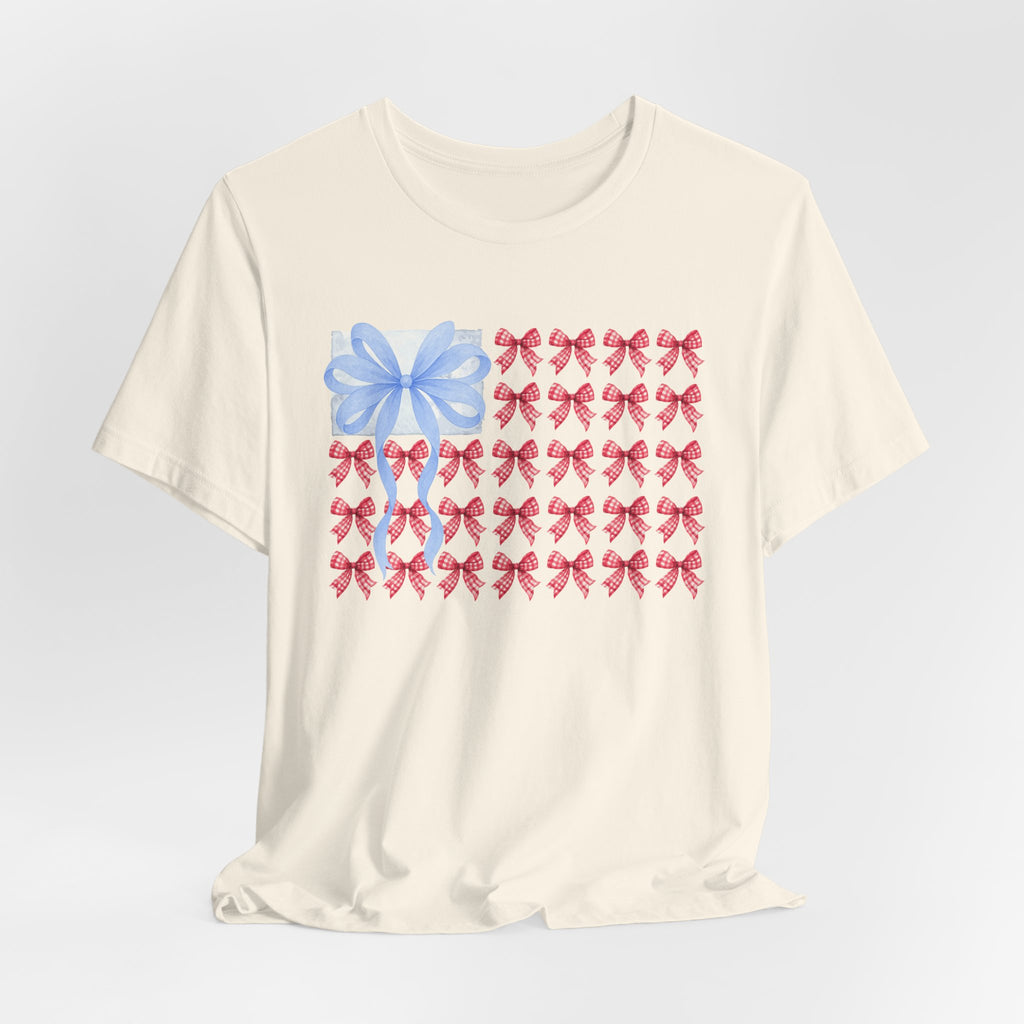 Bow Flag T-Shirt — Blue Gift Bow with Red Ribbon Stars Patriotic Cute Tee