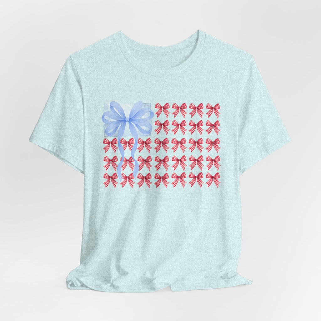 Bow Flag T-Shirt — Blue Gift Bow with Red Ribbon Stars Patriotic Cute Tee