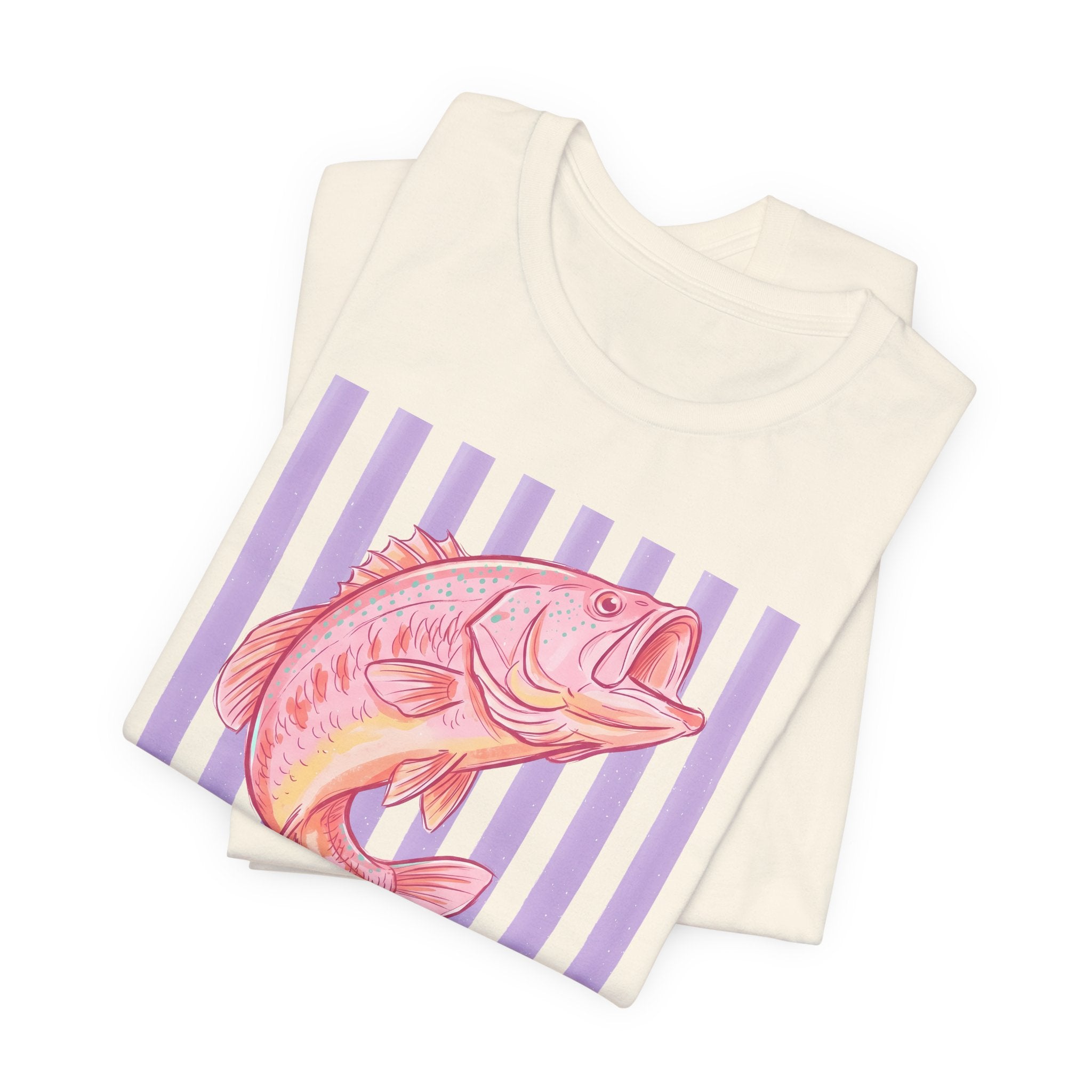Pink Bass Fish Tee — Retro Striped Fishing T-Shirt