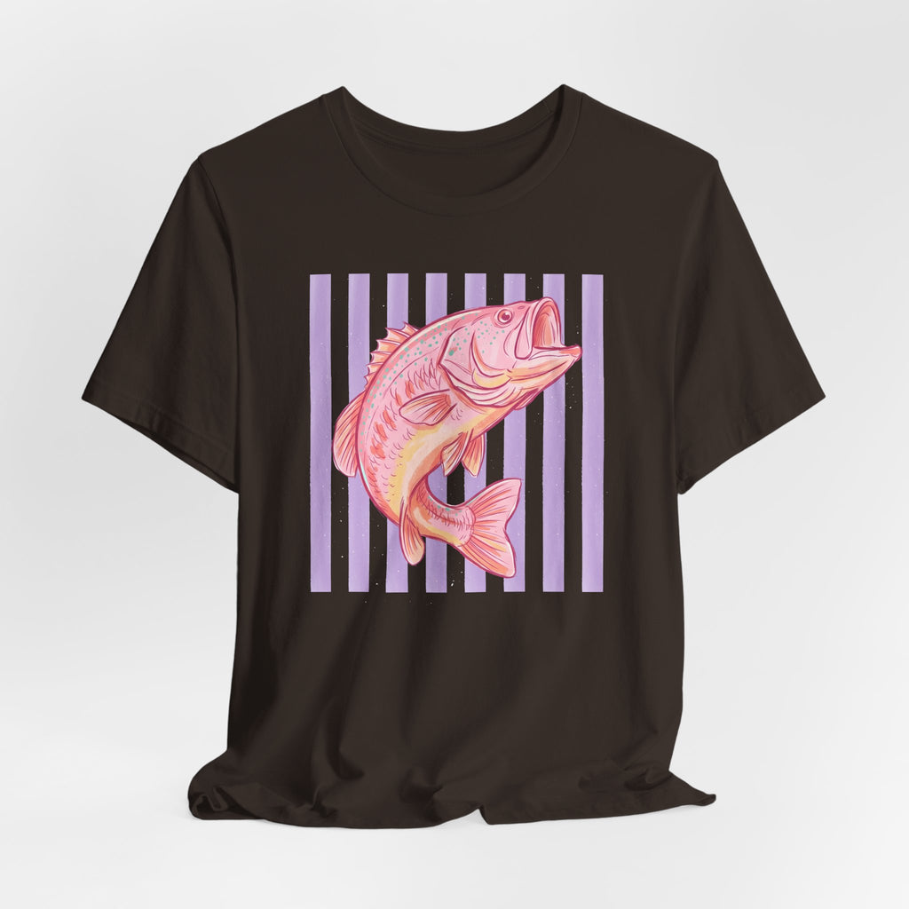 Pink Bass Fish Tee — Retro Striped Fishing T-Shirt