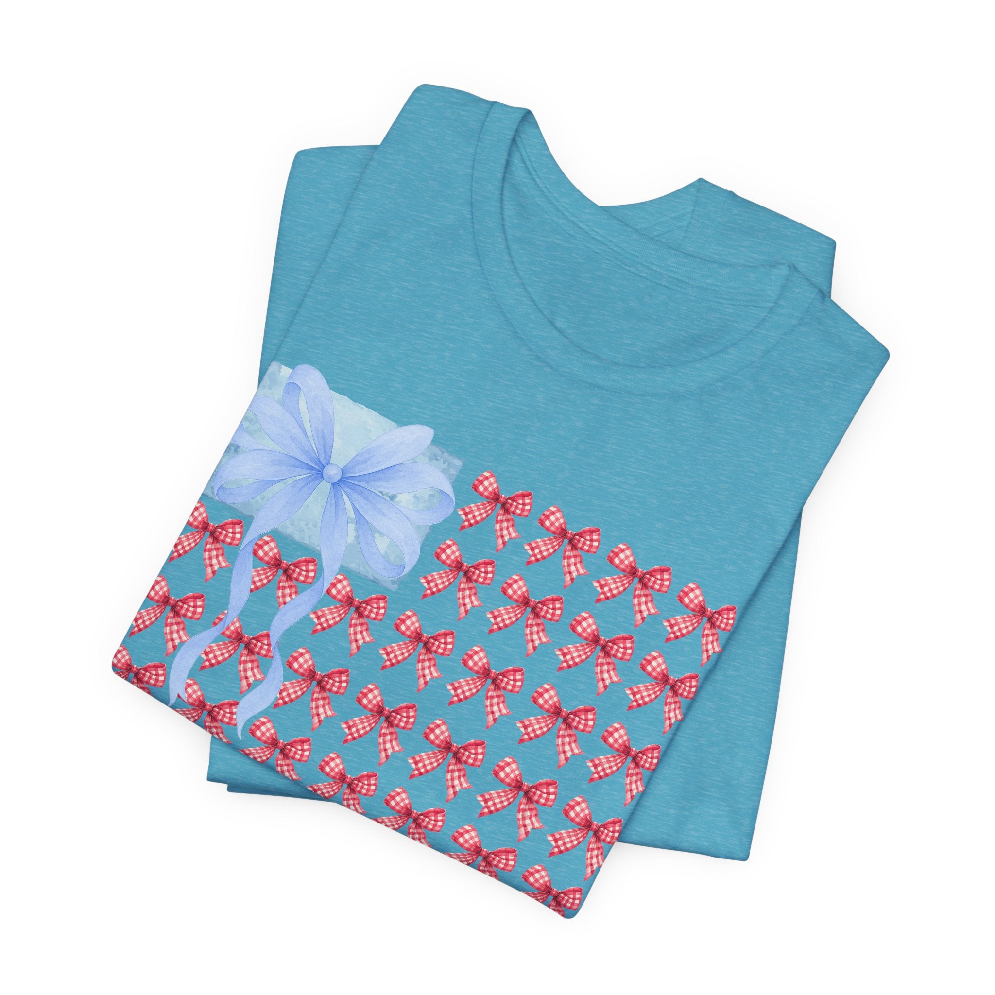 Bow Flag T-Shirt — Blue Gift Bow with Red Ribbon Stars Patriotic Cute Tee