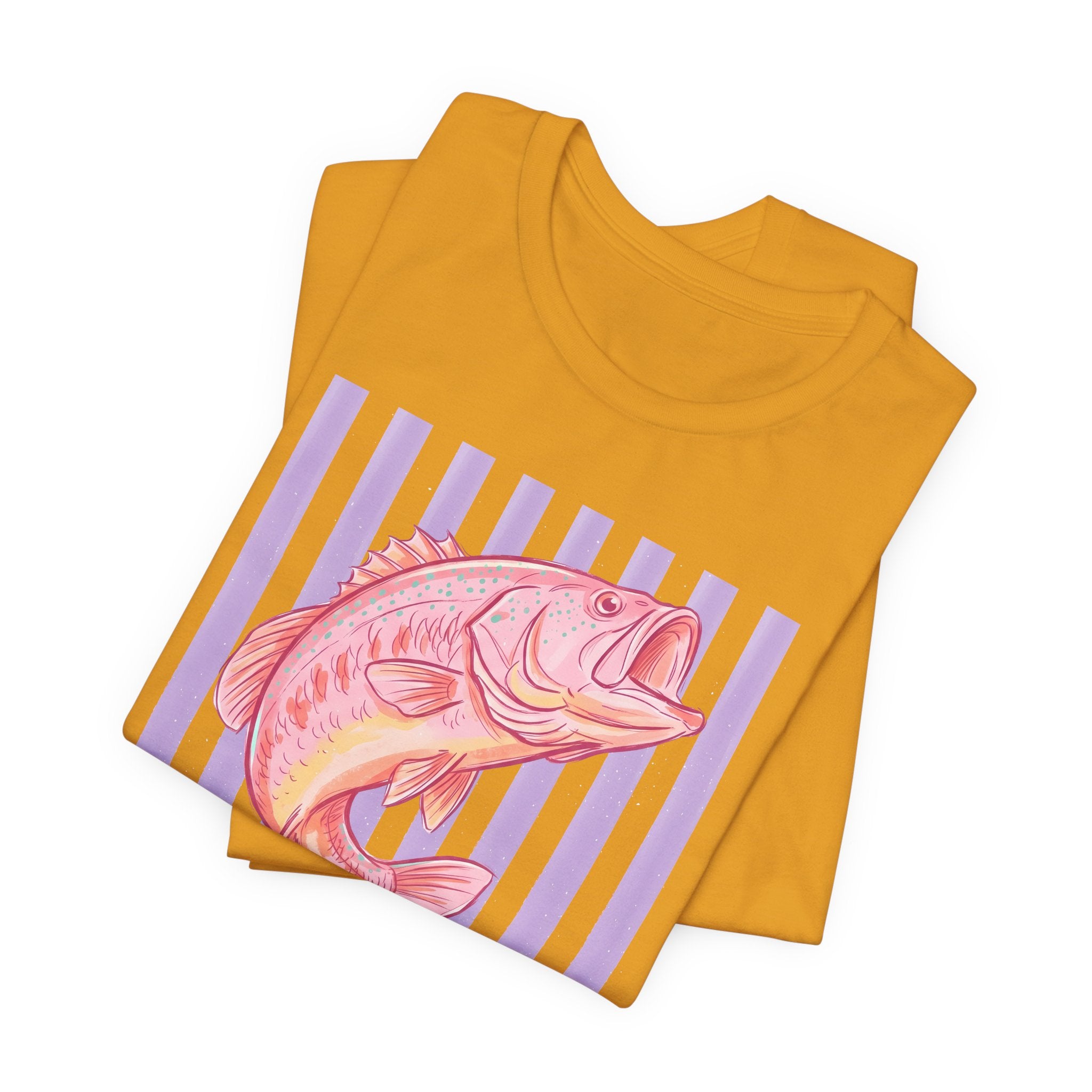 Pink Bass Fish Tee — Retro Striped Fishing T-Shirt