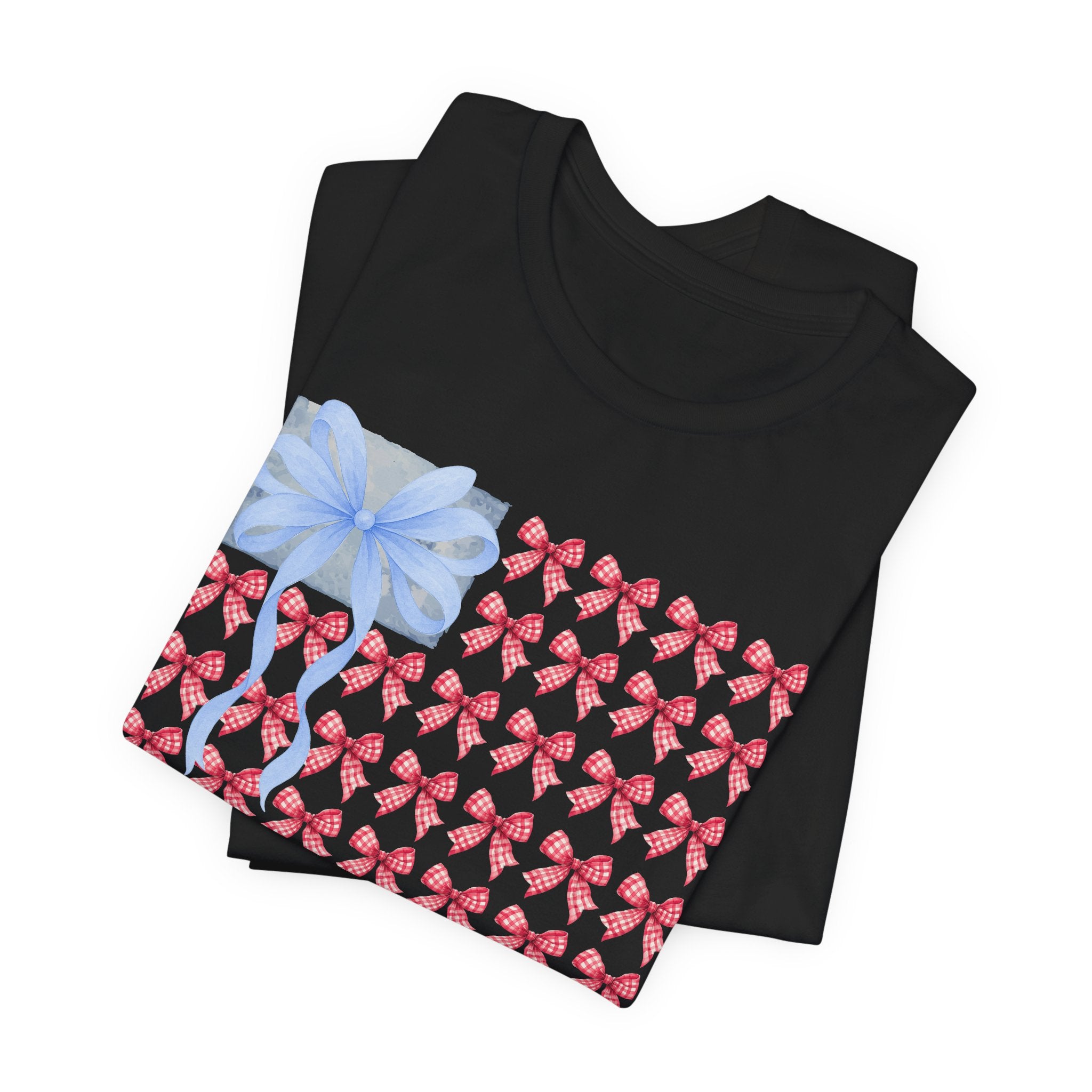 Bow Flag T-Shirt — Blue Gift Bow with Red Ribbon Stars Patriotic Cute Tee