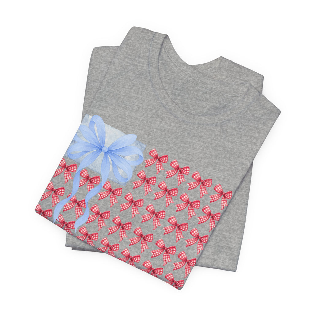 Bow Flag T-Shirt — Blue Gift Bow with Red Ribbon Stars Patriotic Cute Tee