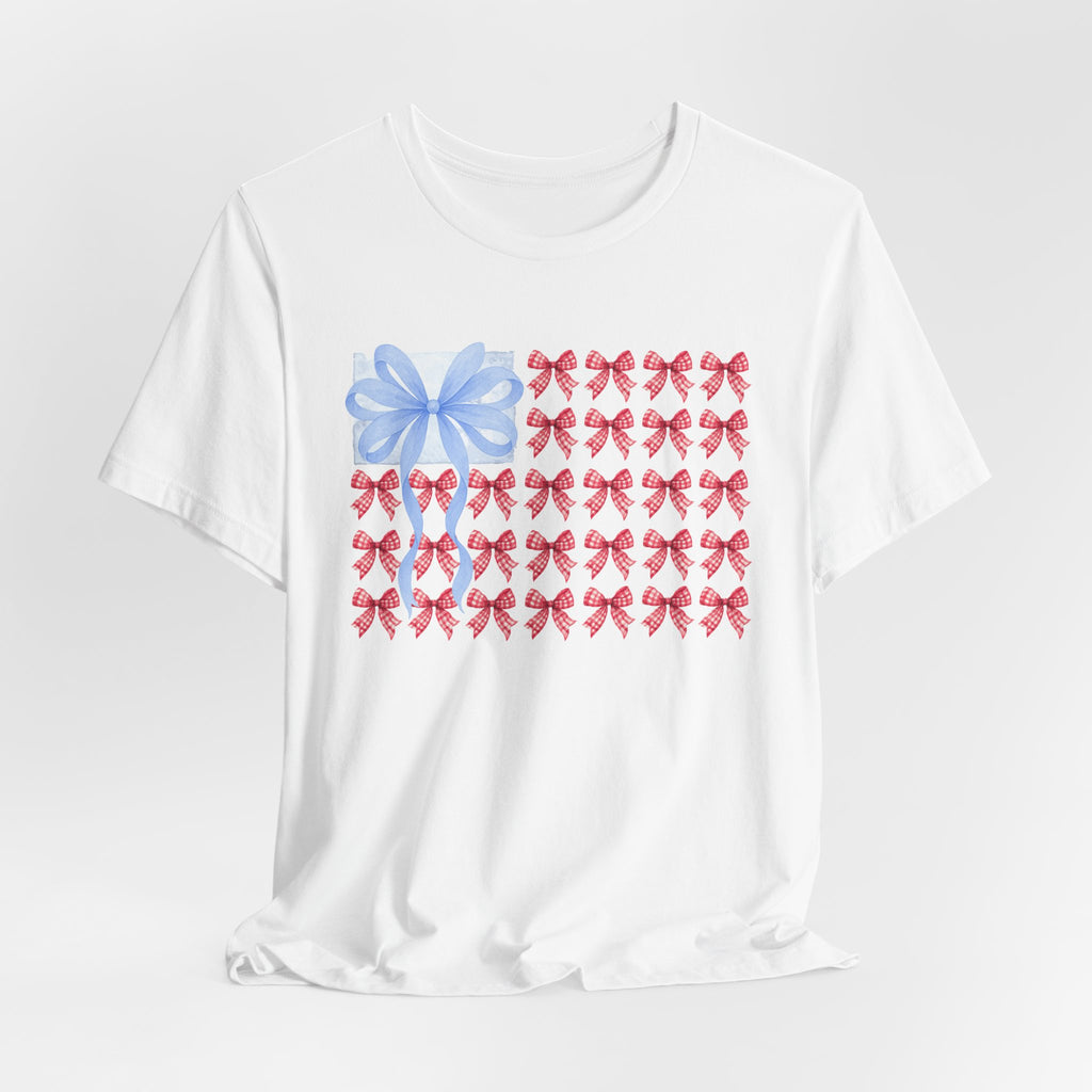 Bow Flag T-Shirt — Blue Gift Bow with Red Ribbon Stars Patriotic Cute Tee