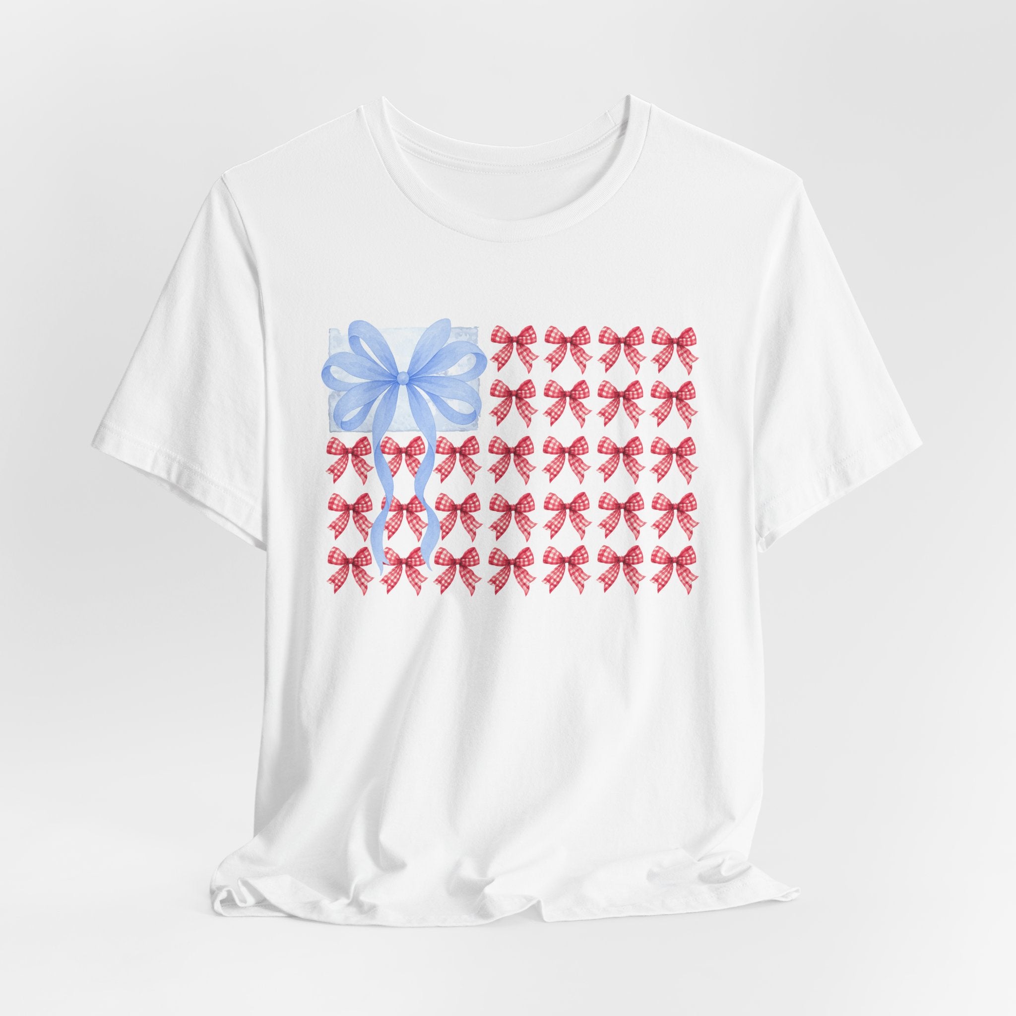 Bow Flag T-Shirt — Blue Gift Bow with Red Ribbon Stars Patriotic Cute Tee