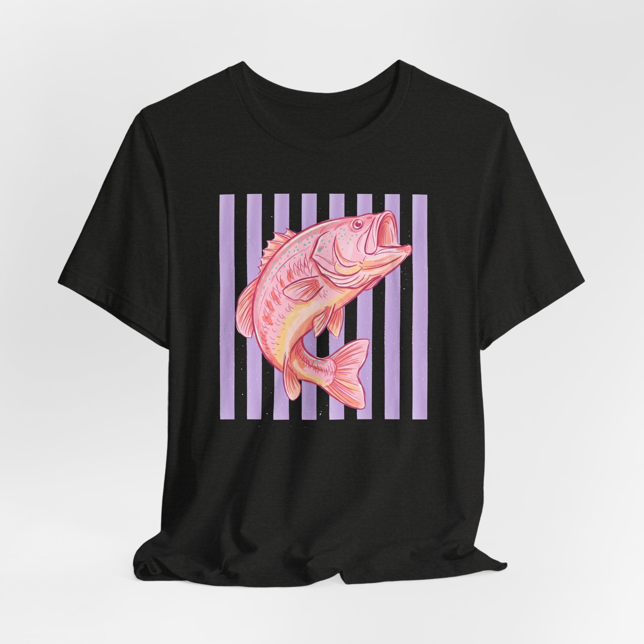 Pink Bass Fish Tee — Retro Striped Fishing T-Shirt