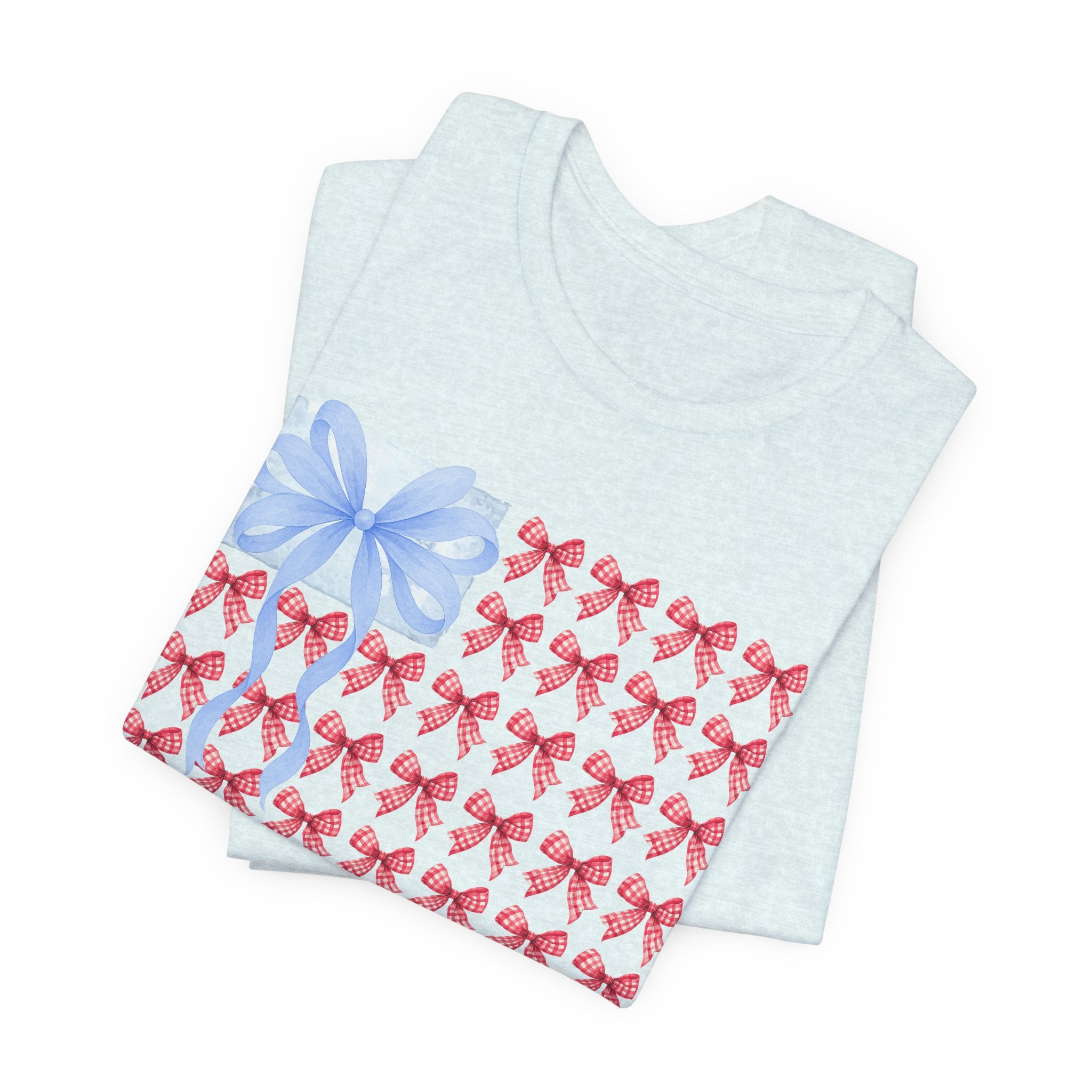 Bow Flag T-Shirt — Blue Gift Bow with Red Ribbon Stars Patriotic Cute Tee