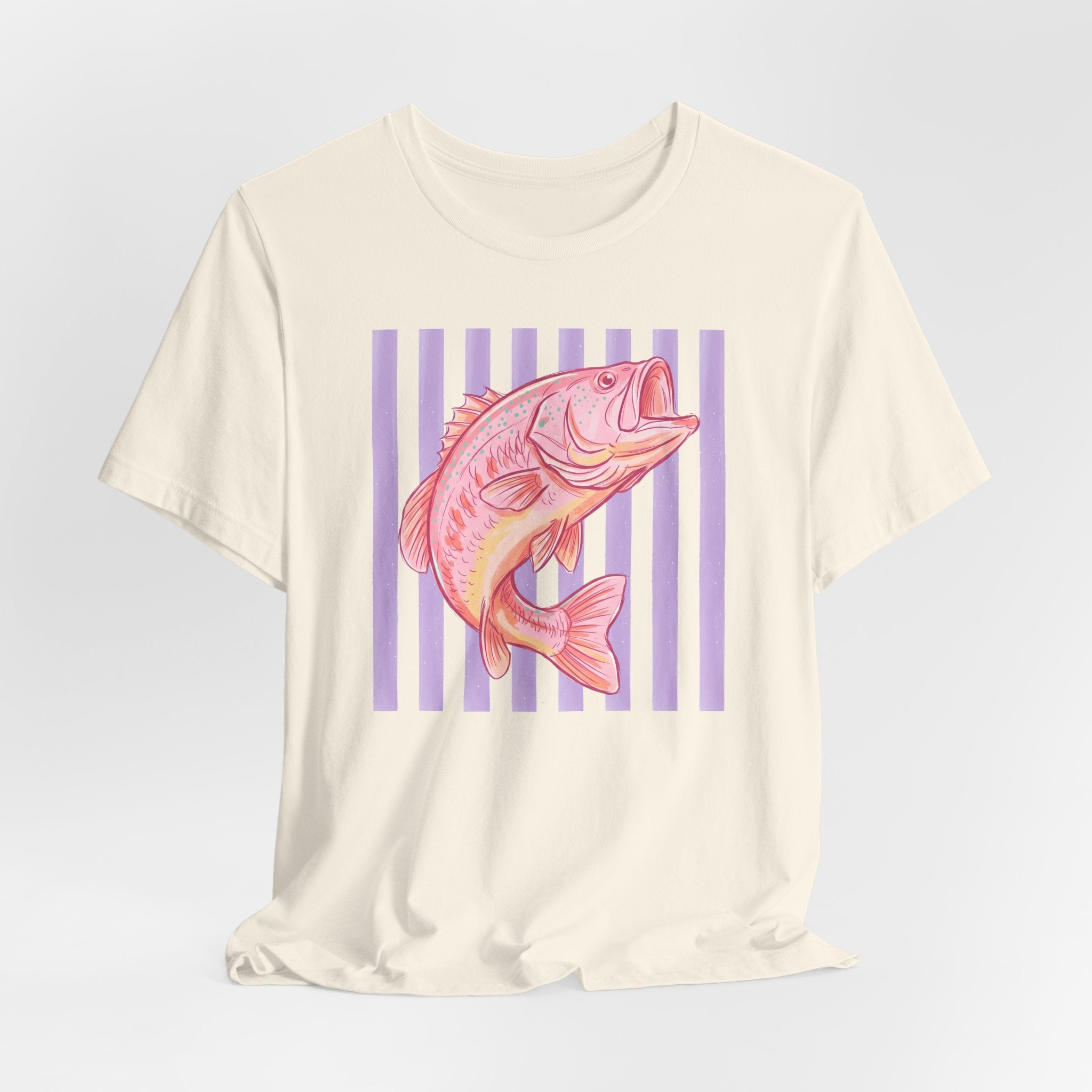 Pink Bass Fish Tee — Retro Striped Fishing T-Shirt