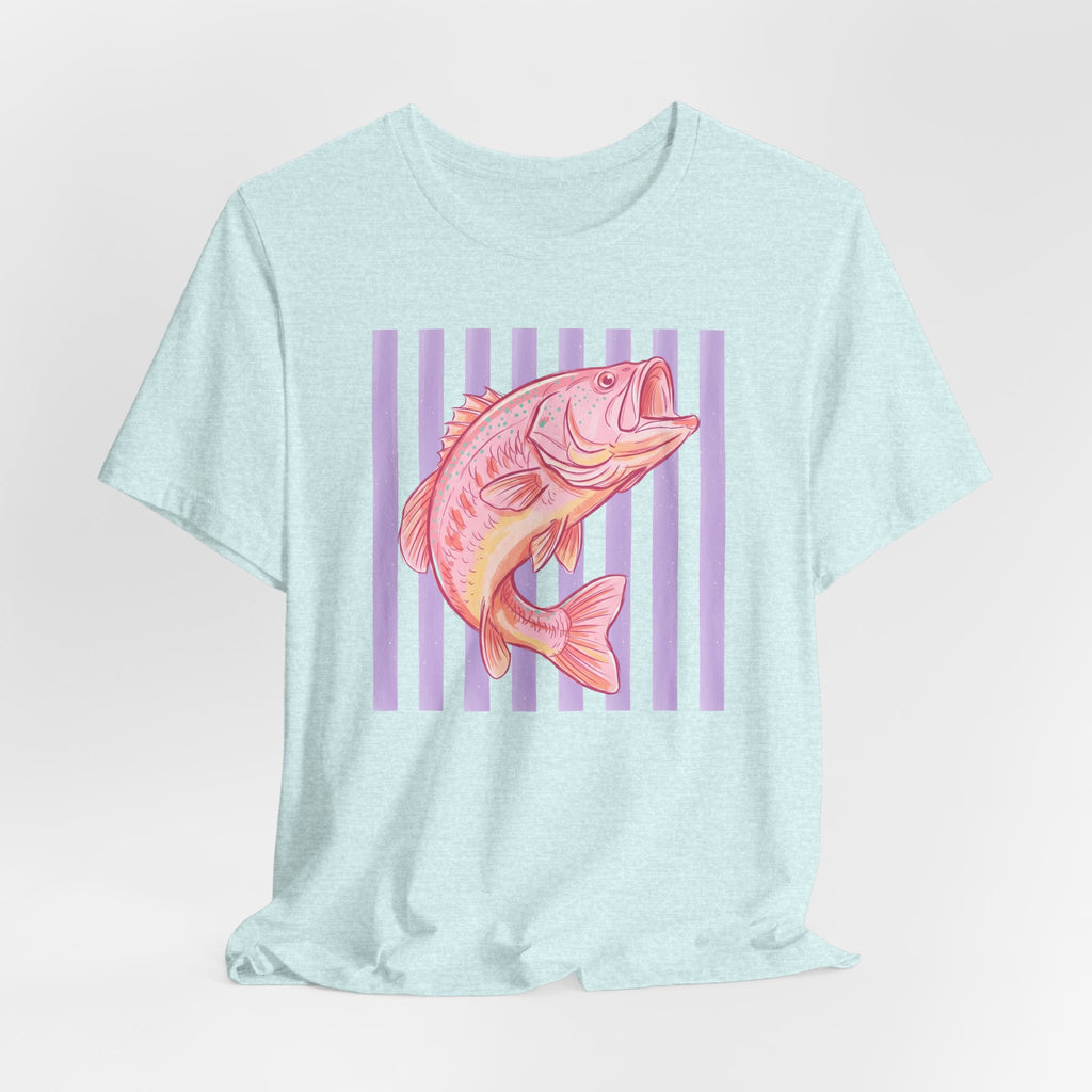 Pink Bass Fish Tee — Retro Striped Fishing T-Shirt