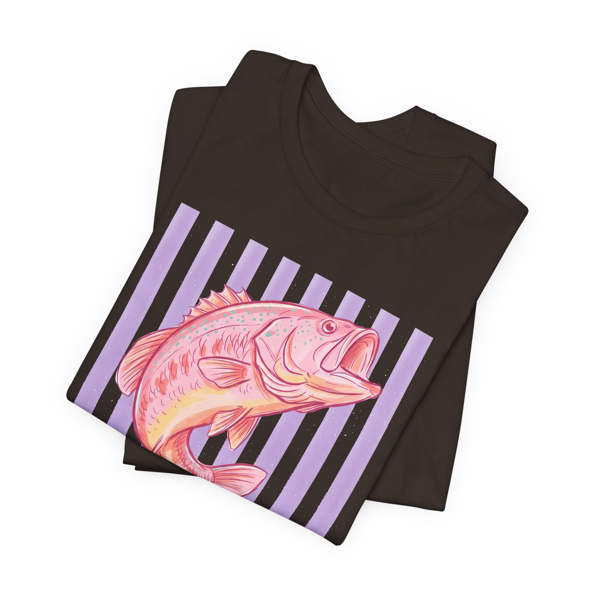 Pink Bass Fish Tee — Retro Striped Fishing T-Shirt