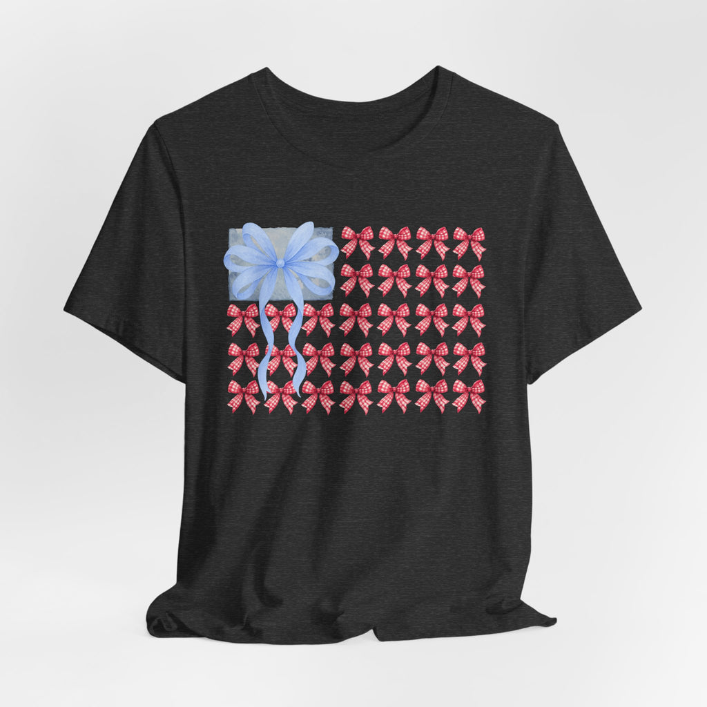 Bow Flag T-Shirt — Blue Gift Bow with Red Ribbon Stars Patriotic Cute Tee
