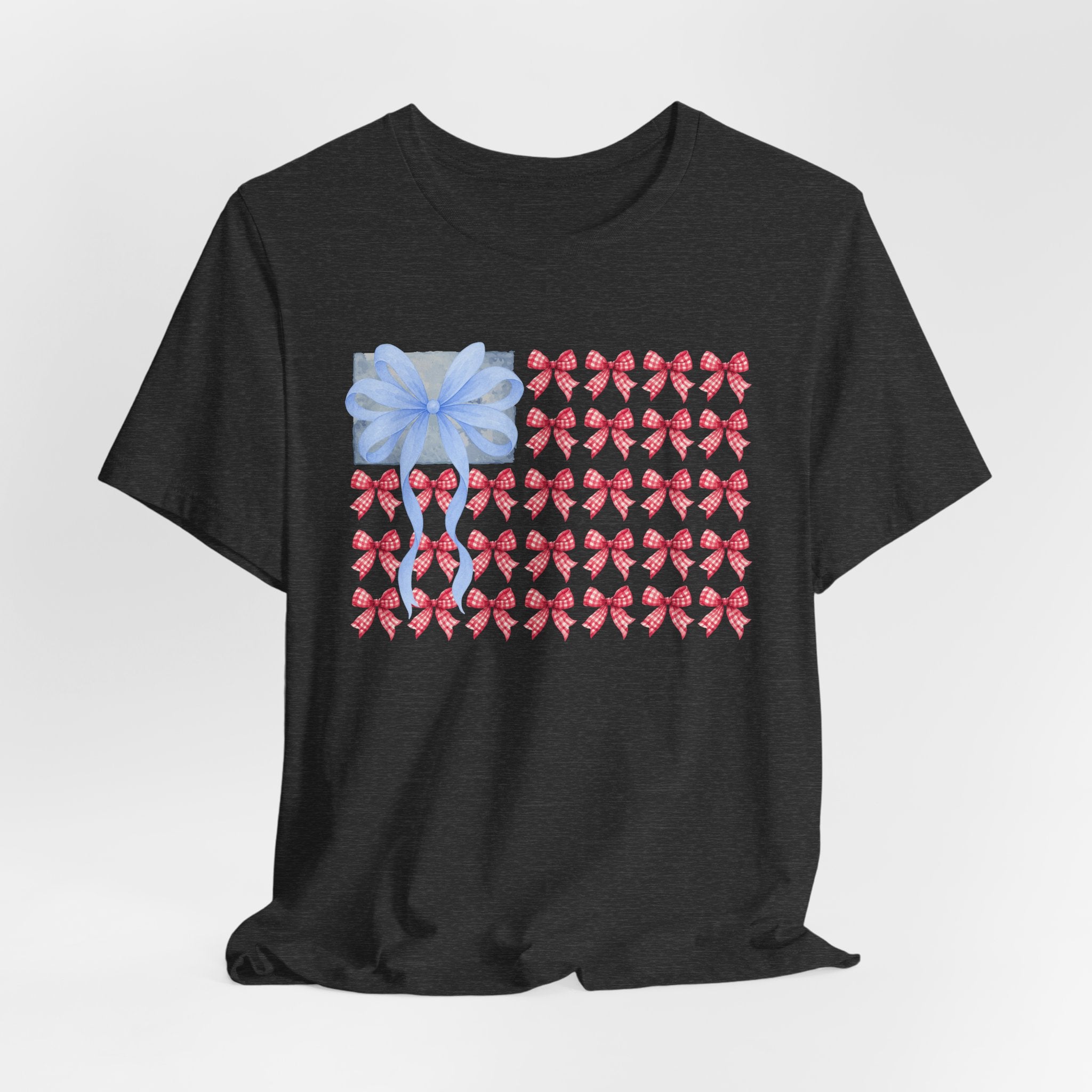 Bow Flag T-Shirt — Blue Gift Bow with Red Ribbon Stars Patriotic Cute Tee