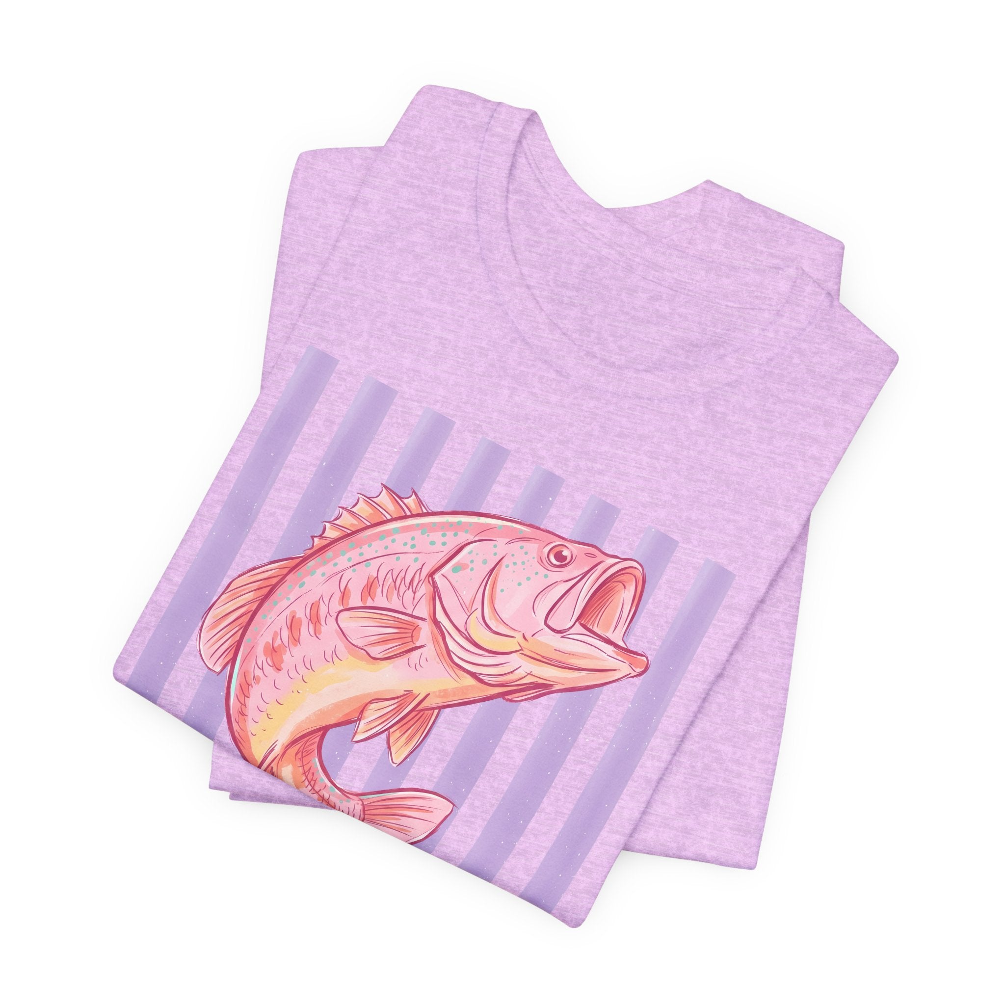 Pink Bass Fish Tee — Retro Striped Fishing T-Shirt