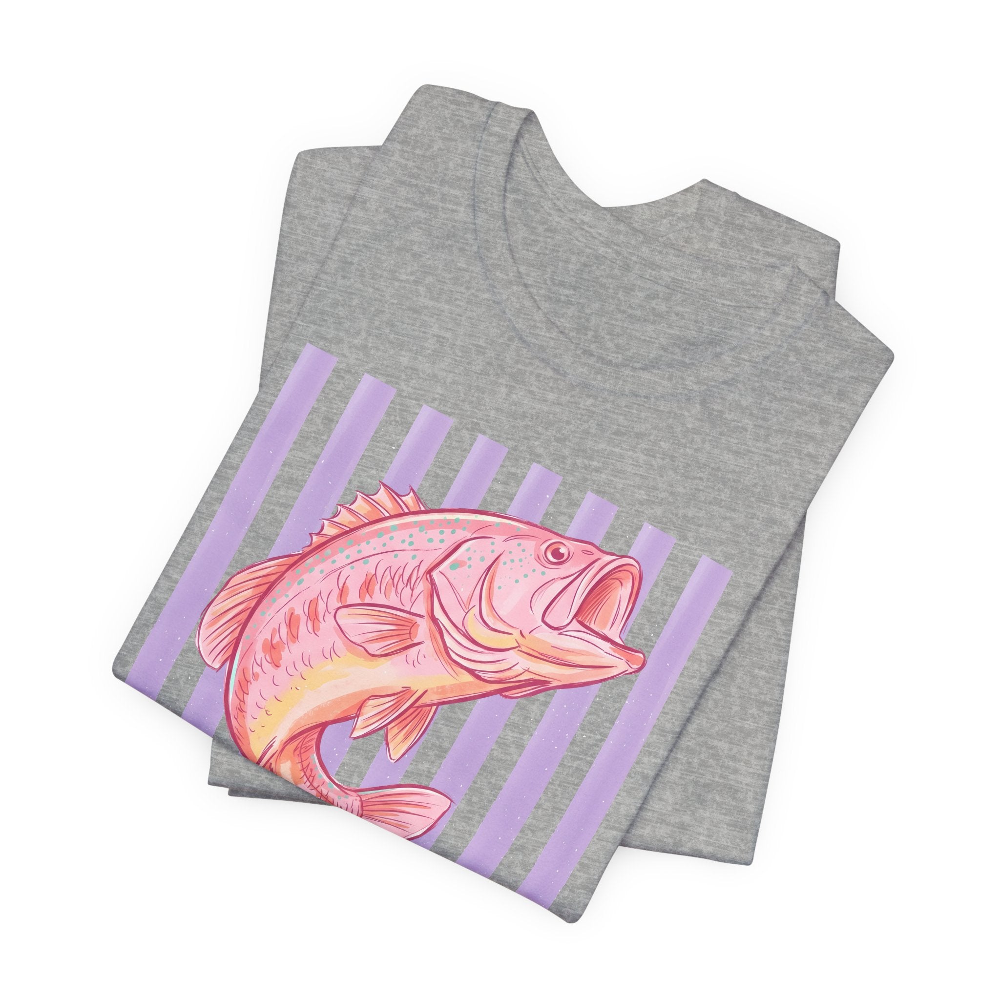 Pink Bass Fish Tee — Retro Striped Fishing T-Shirt