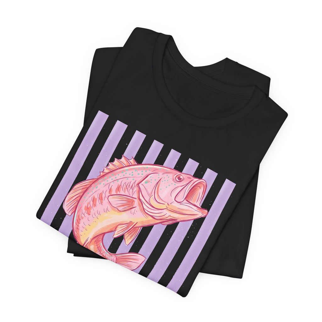 Pink Bass Fish Tee — Retro Striped Fishing T-Shirt