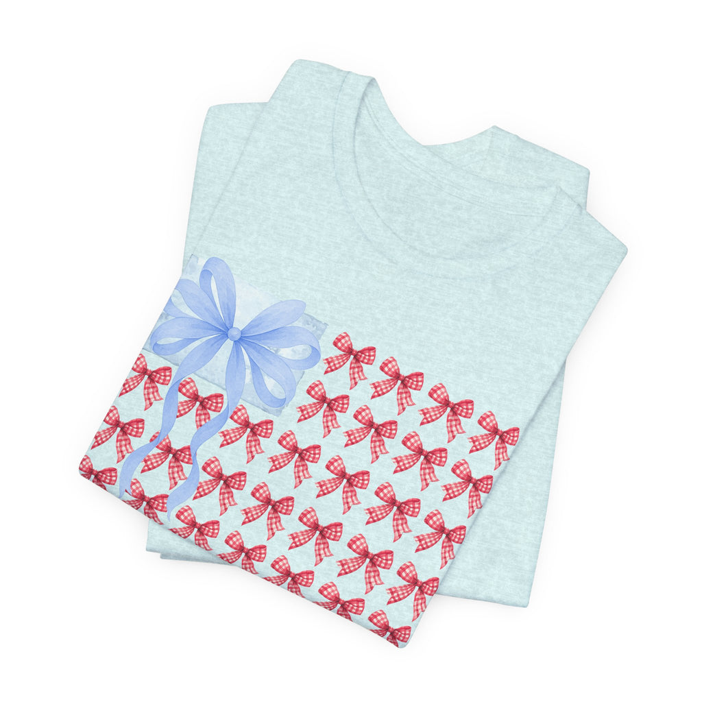 Bow Flag T-Shirt — Blue Gift Bow with Red Ribbon Stars Patriotic Cute Tee
