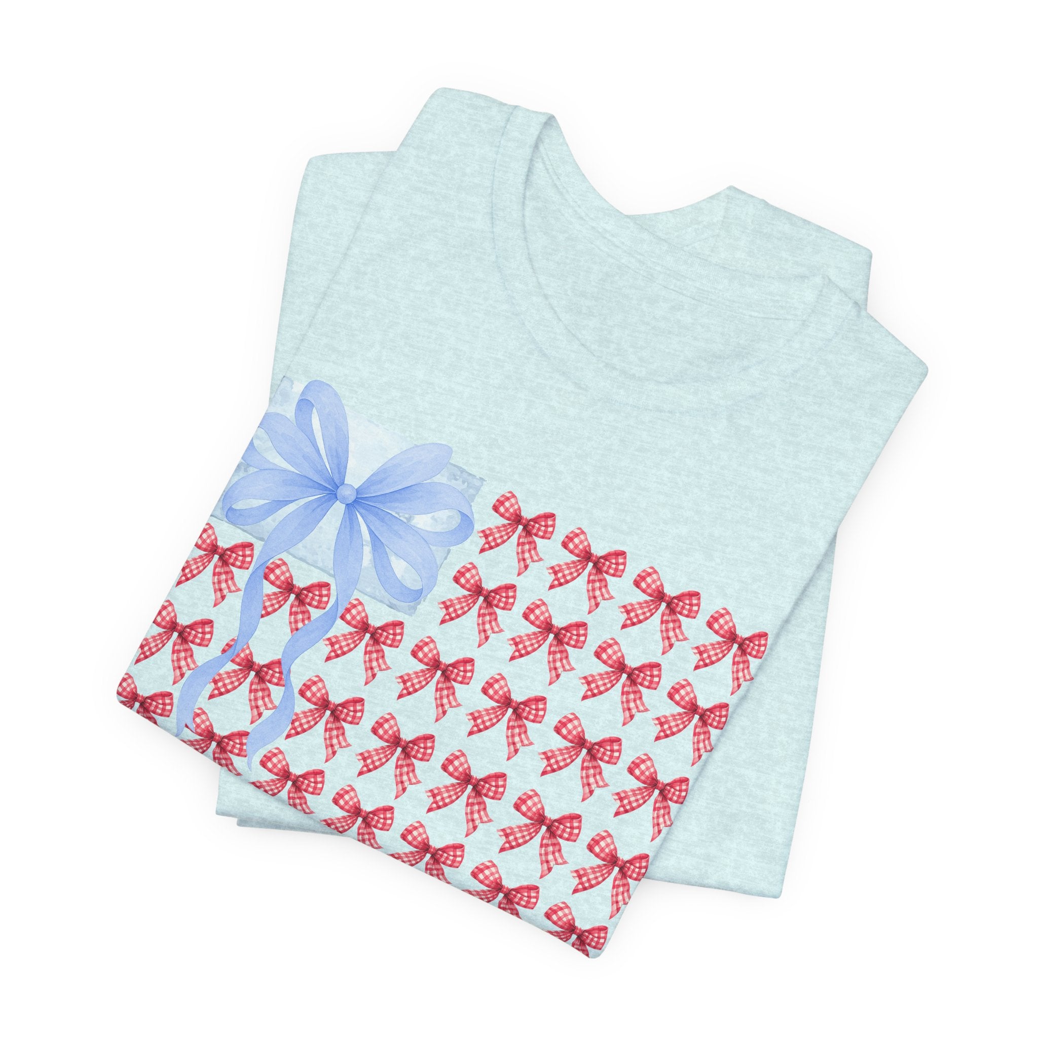 Bow Flag T-Shirt — Blue Gift Bow with Red Ribbon Stars Patriotic Cute Tee