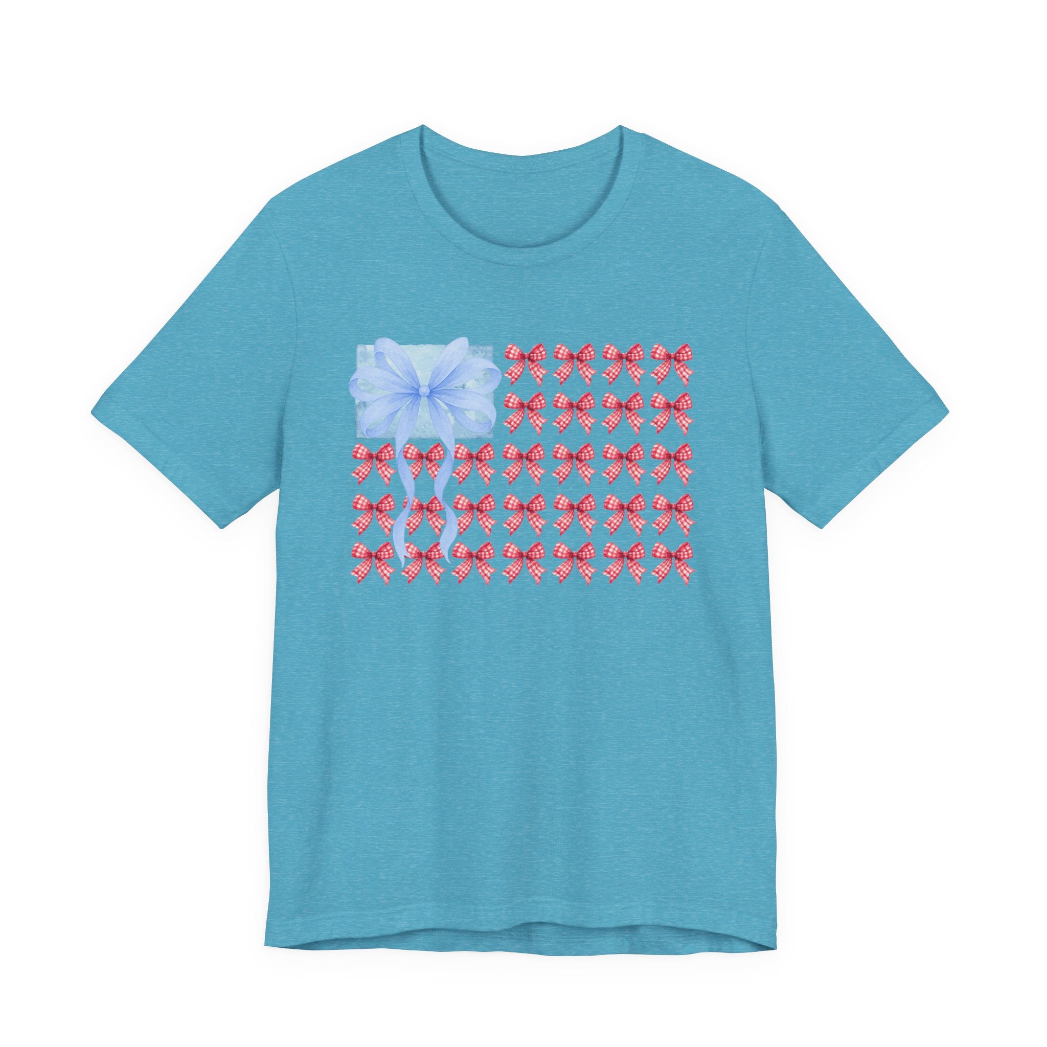 Bow Flag T-Shirt — Blue Gift Bow with Red Ribbon Stars Patriotic Cute Tee