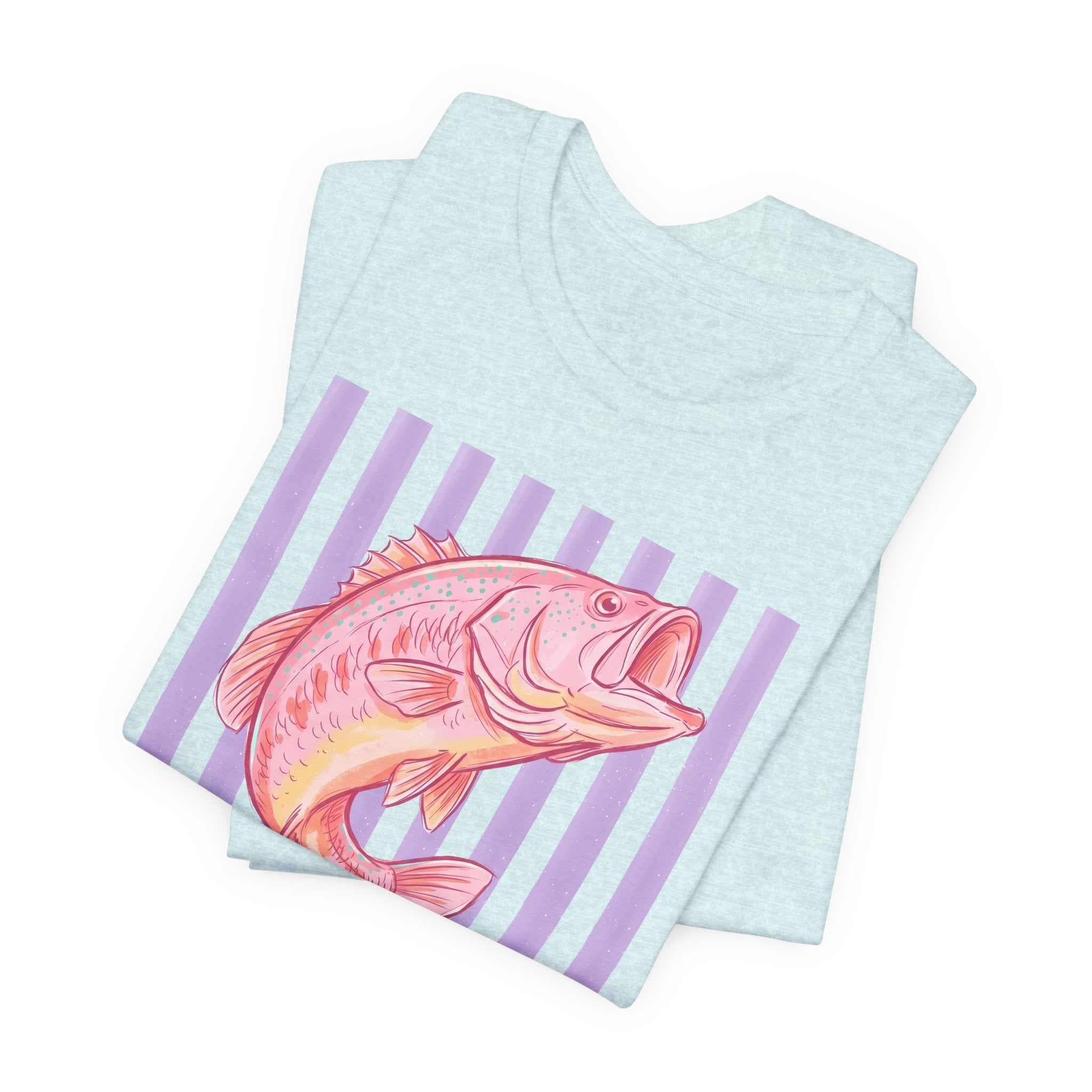 Pink Bass Fish Tee — Retro Striped Fishing T-Shirt