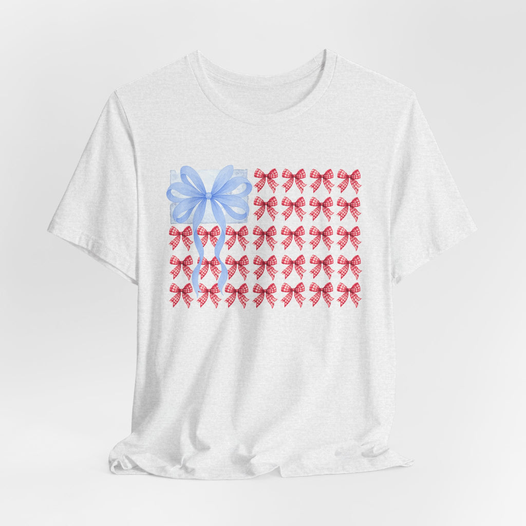Bow Flag T-Shirt — Blue Gift Bow with Red Ribbon Stars Patriotic Cute Tee