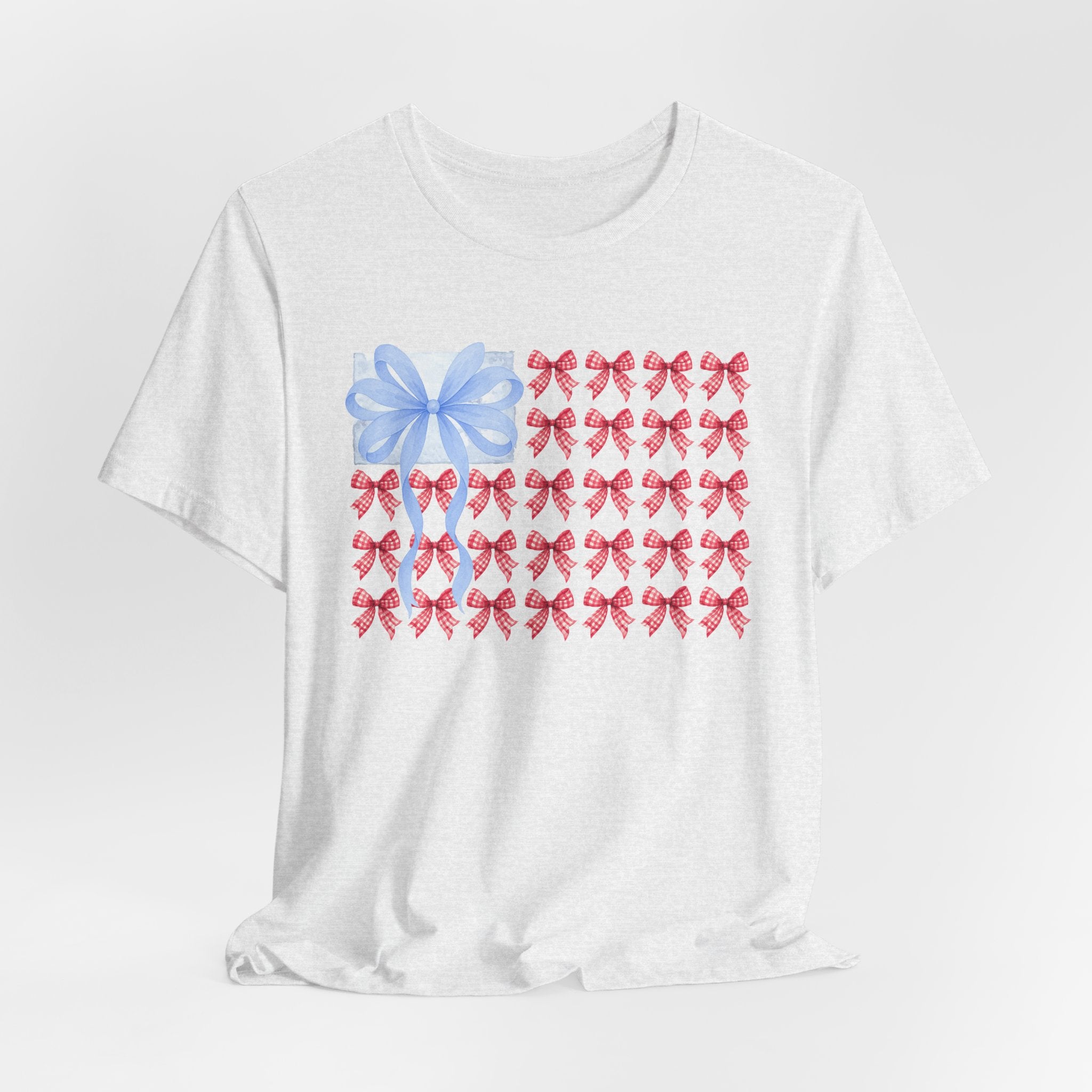 Bow Flag T-Shirt — Blue Gift Bow with Red Ribbon Stars Patriotic Cute Tee