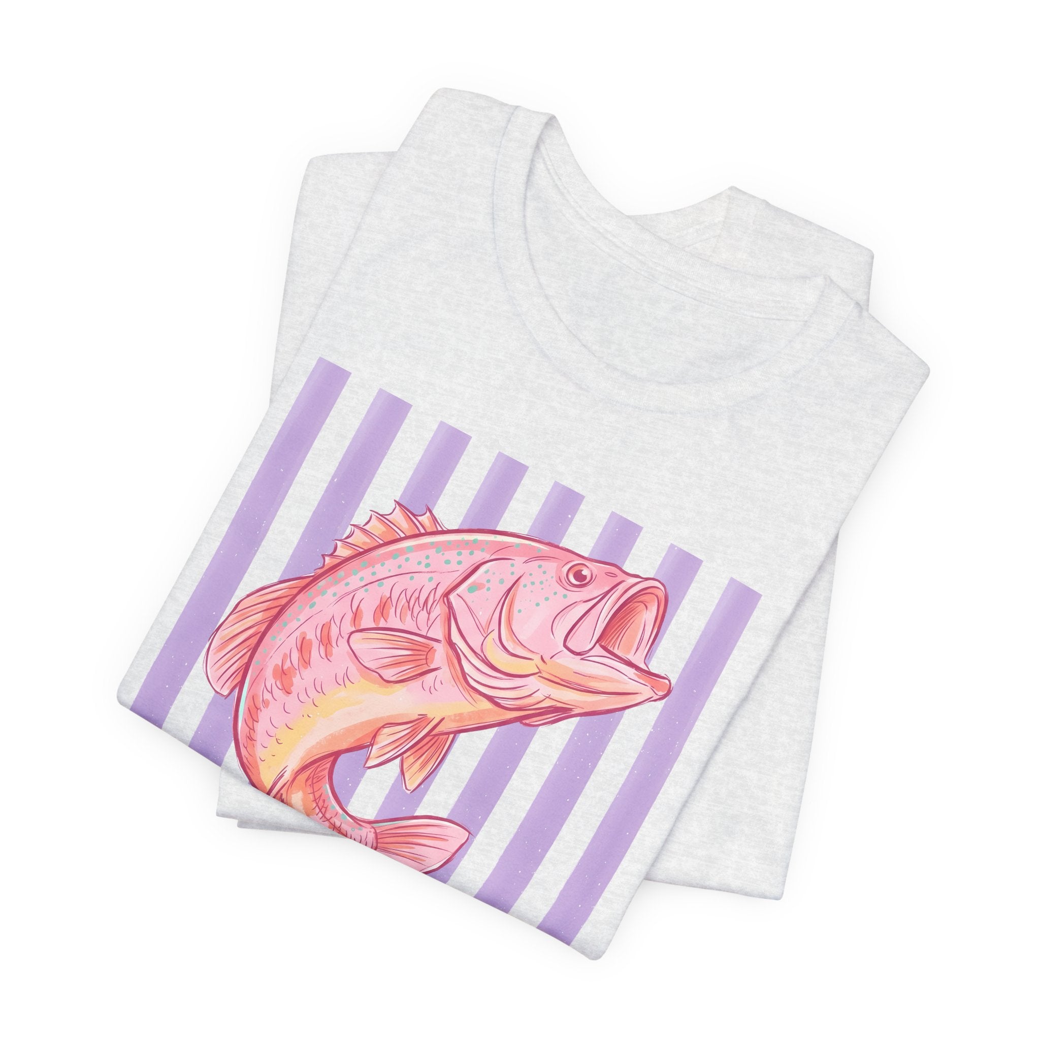 Pink Bass Fish Tee — Retro Striped Fishing T-Shirt