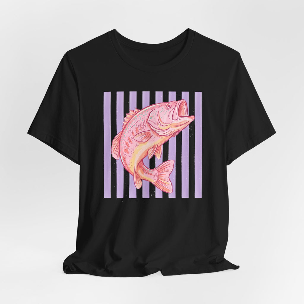 Pink Bass Fish Tee — Retro Striped Fishing T-Shirt